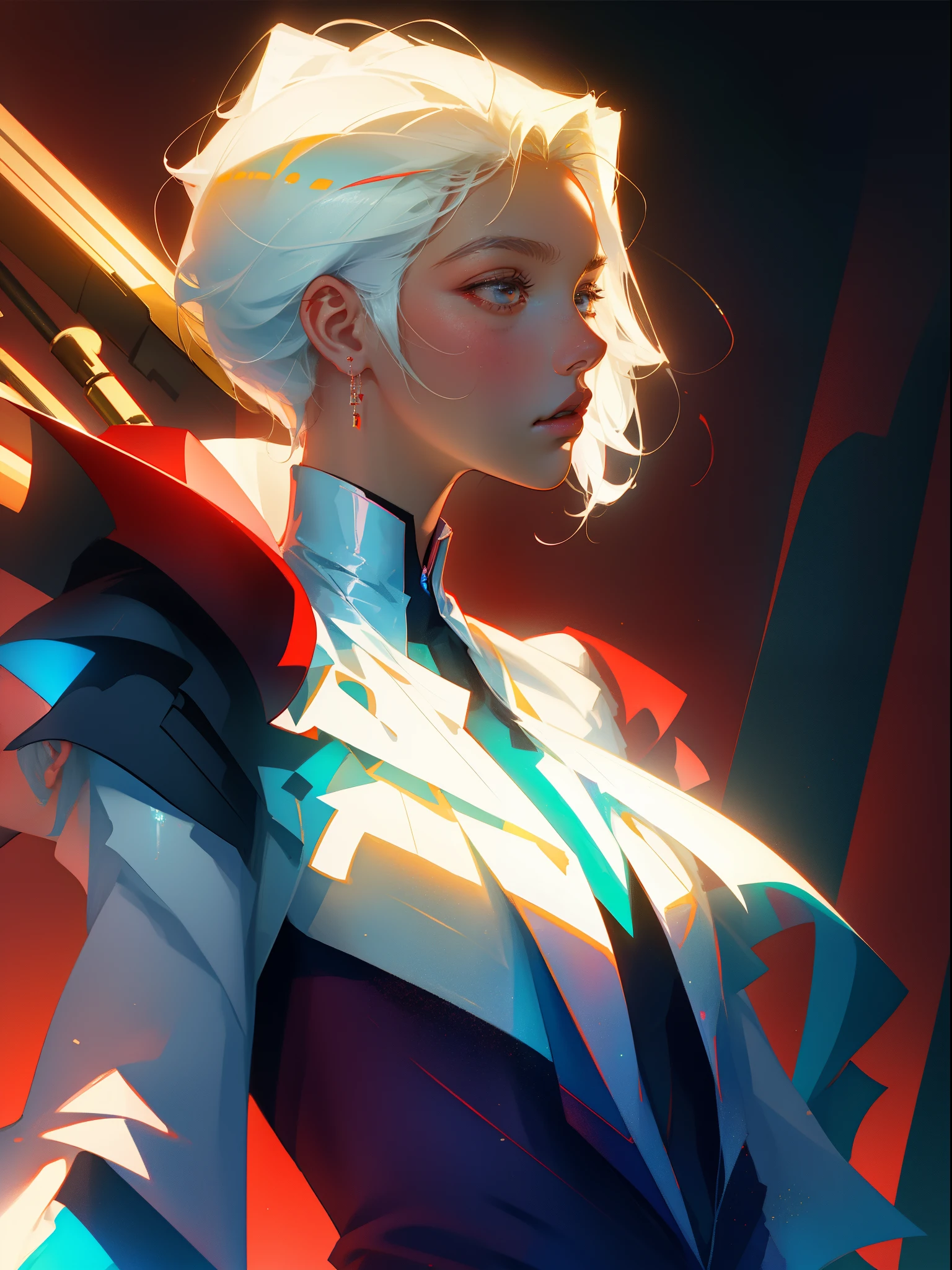 (((1male))), (((18 years old))), Highest quality,The perfect masterpiece,Perfect artwork,8K,
(Upper Body Portrait:1.5),(((Seen from the side:1.2))),close-up lens,Delicate face,
White-haired boy, short hair,(Red background:1.3),
pearl illusion,Cyberpunk,fashion trend,3s material,high-definition,detail representation,c4d,3D,octane rendering,ray tracing,complex details,animated lighting,OCrenderer,8k,