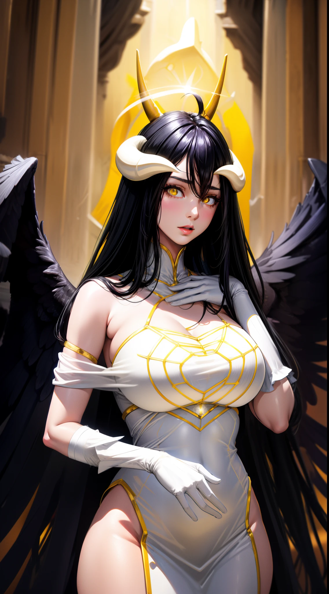 focused to upper body, realistic, 1girl, long black hair, sparkling yellow eyes, white dress, standing pose, tomb background, horn, perfect limbs,