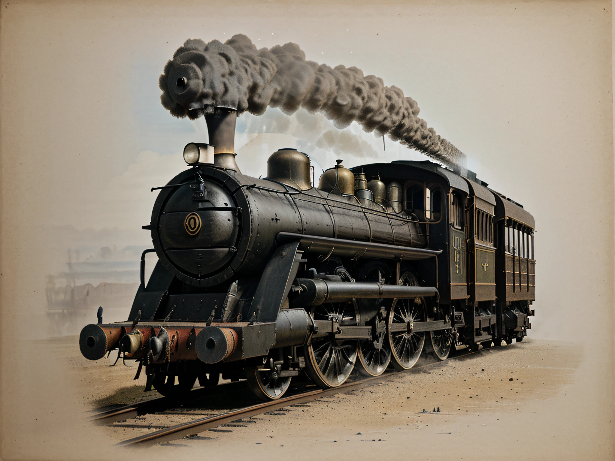 ancient engraving depicting a steam locomotive, old, epoch of the 11th century, calm tones, lithography, craft paper
