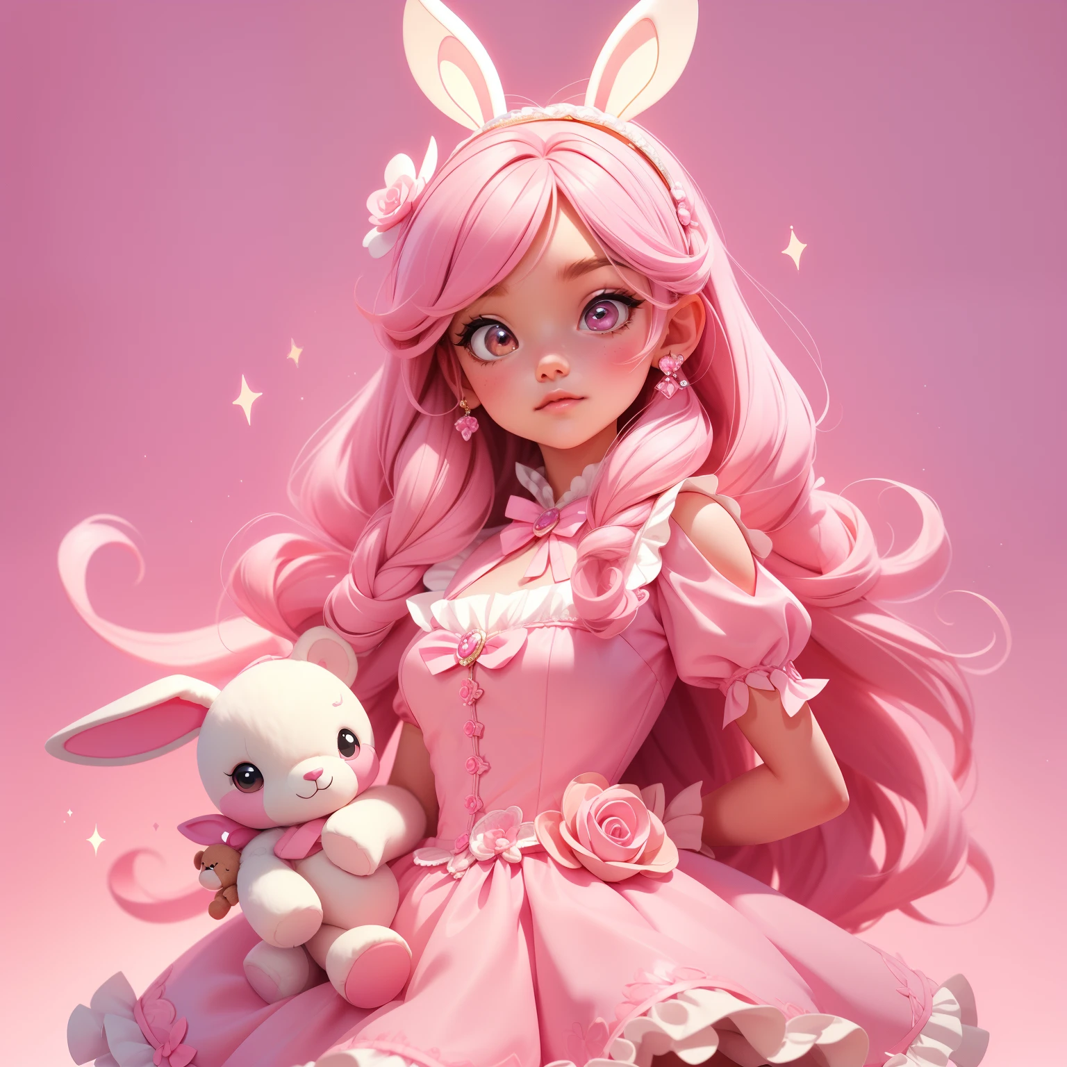 An image of a girl in a light pink dress holding a teddy bear,Pink Long Hair，fairy core, Hinged doll with ball, Sweet surreal rabbit, portrait of magical lolita girl, style of magical girl, Beautiful light pink alien girl, Lolita style, Soft pink, kawaii aesthetic, angelic pretty, Loli, lolita fashion, A touch of pink girl, hyper HD, 8K, 16k, (((Masterpiece))), Fantasy art，{{{Light pink wall background}}}，Lots of pink teddy bear toys in the house，Background bokeh, atmospheric distance sense,