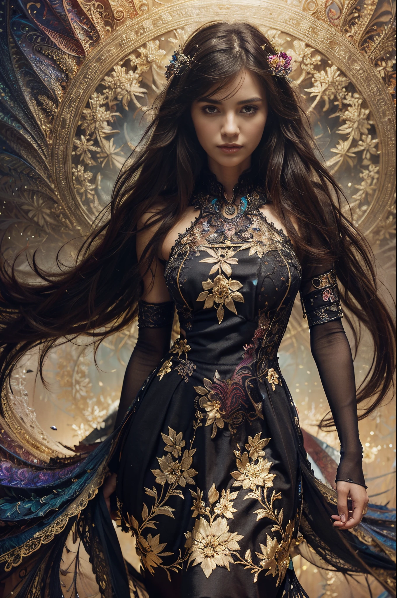 Beautiful black dress, intricate details golden, floral designs