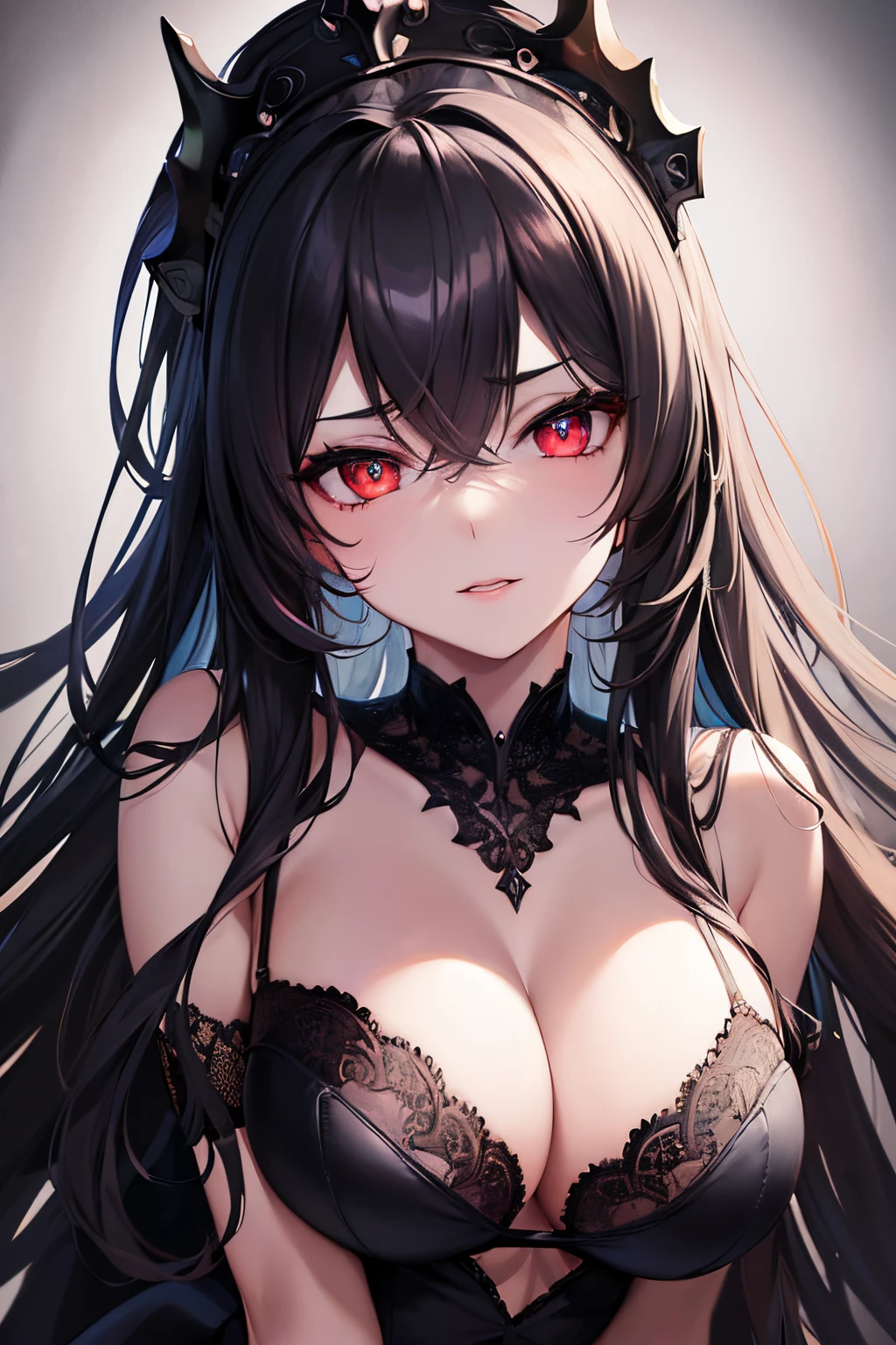 (ultra-detailed, best quality, portraits:1.2), Boosette, vibrant colors, detailed face and body, seductive expression, black lace lingerie, flowing dark hair, sultry pose, glowing eyes, soft lighting