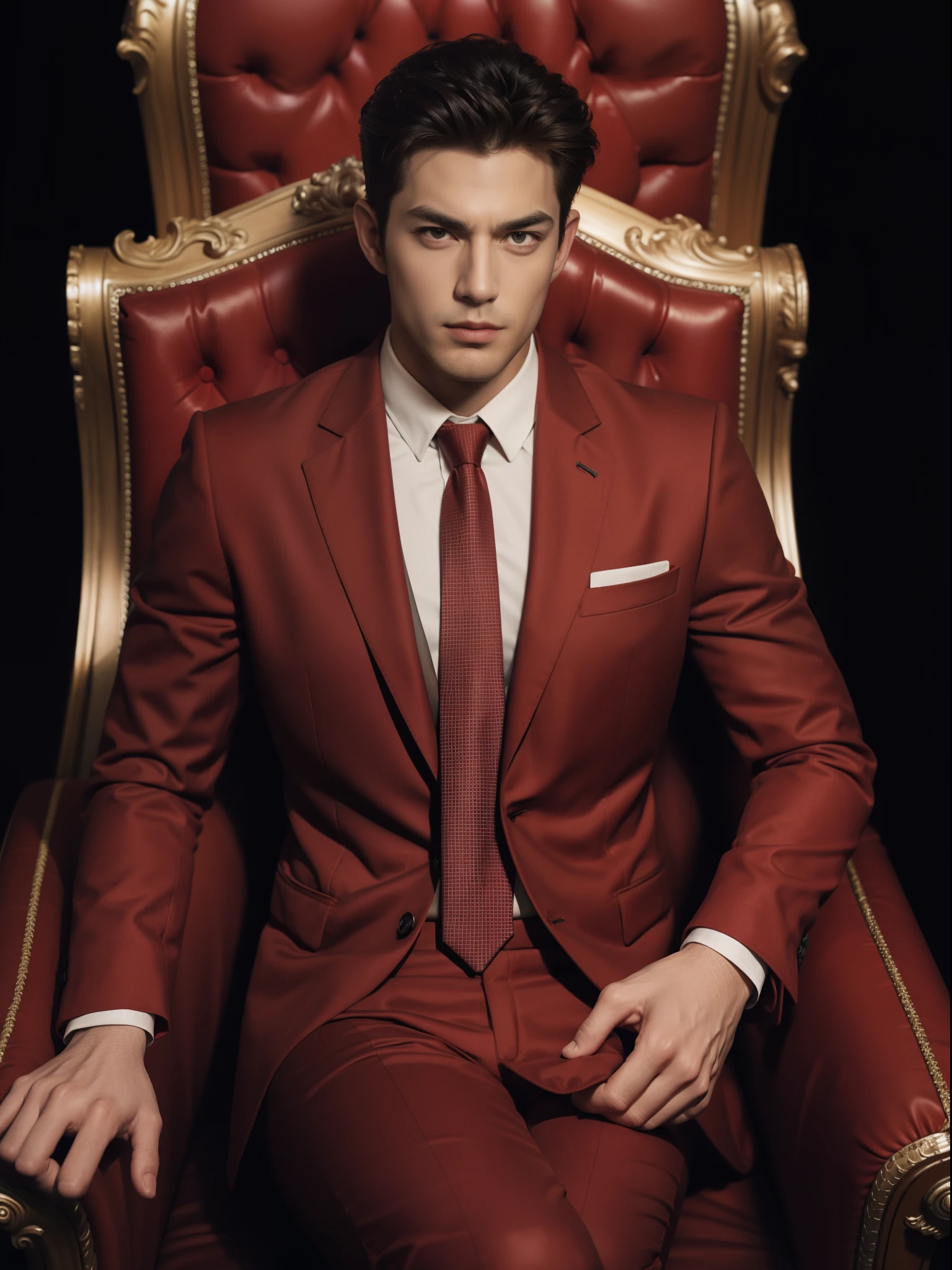 handsome male,look at viewer,big muscle,red suit,tie,sitting in the boss armchair