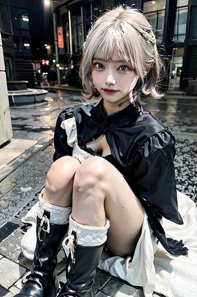 ((((City Background)))),(((Photorealsitic))) ,((Realistic)),(((Black costume))),(de pele branca),((White hair color)),(((Bob Hair))),(((Long boots in black color))),nedium breasts,Clear eyes,Pink teak,Arm Cover,thighs thighs thighs thighs