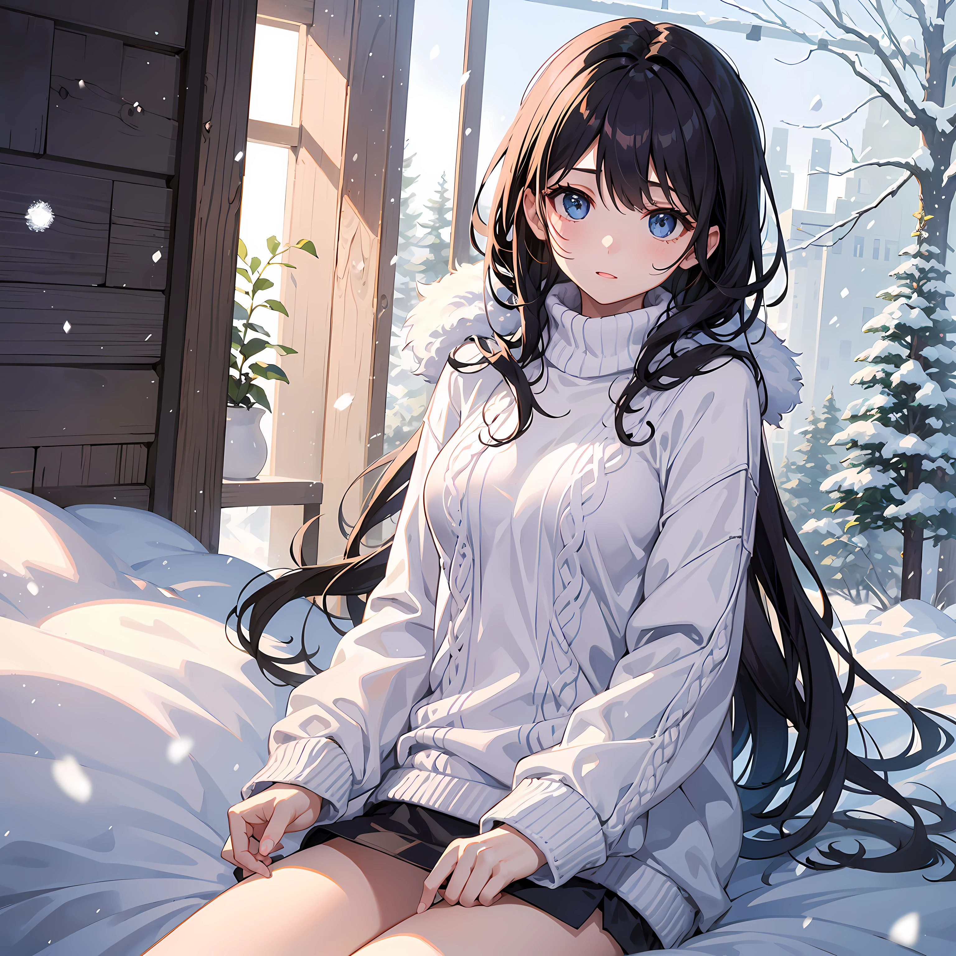 A girl,Cute cotton sweater,dignified temperament,perfect bodies,Delicate eyes,Gentle expression,It&#39;s snowing outside,ultra-detailliert,Rich in detail,