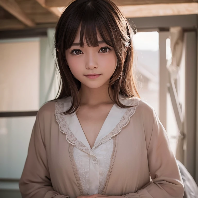 top-quality、Face Focus、softlight、(depth of fields)、超A high resolution、(Photorealsitic:1.4)、Raw photography、(portlate:1.4)、(from the front side) 1 Japan Girls、独奏、cute little、(full of shyness、A smile: 1.1)、(Brown-eyed)、detailed beautiful faces、(Shorthair)、a bed、(formal clothes:1.2)、barechested