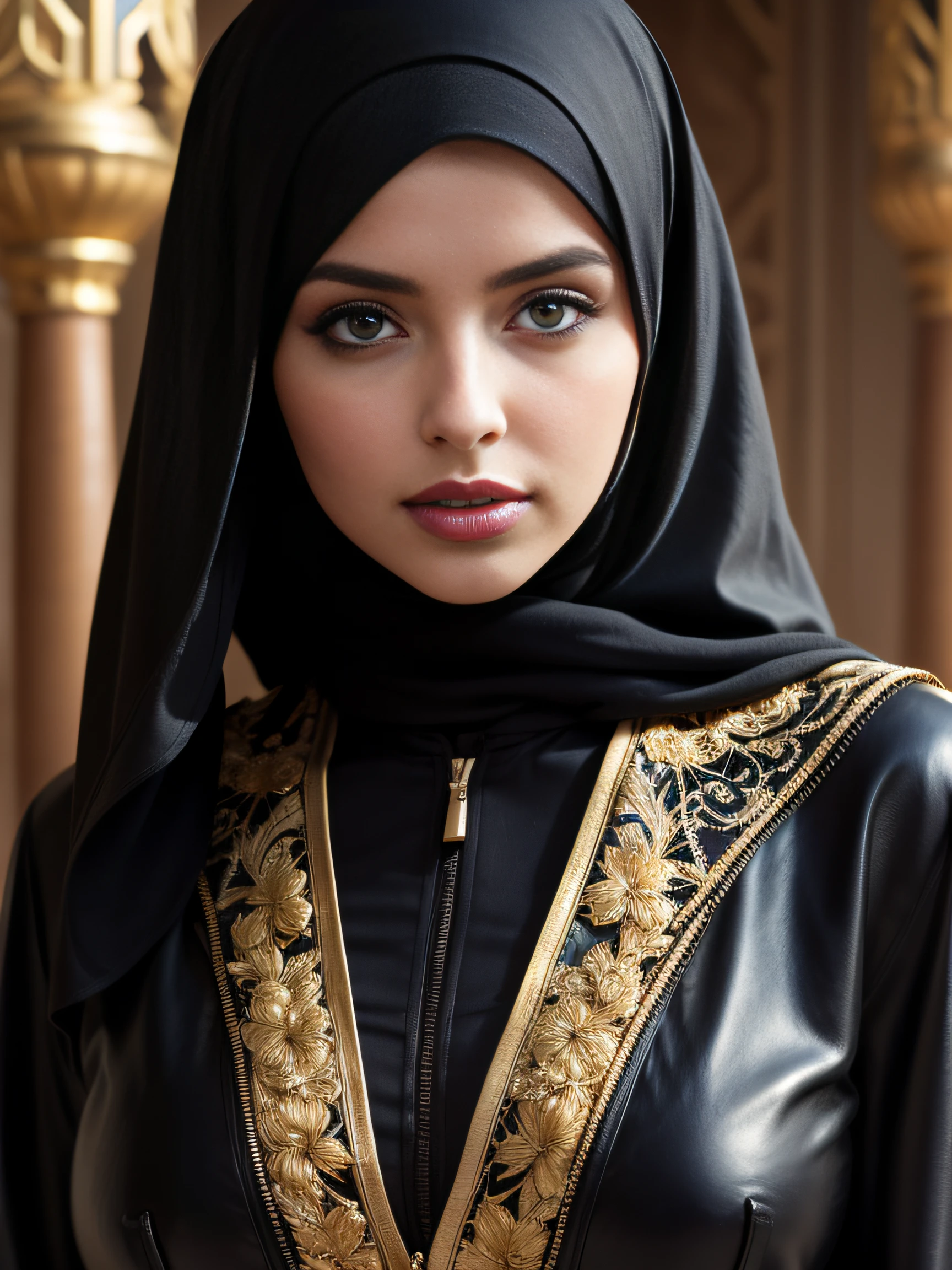 Create a series of photos showcasing a beautiful Moroccan influencer named Hanane. Hanane is in her twenties, with stunning black eyes and hijab. She should appear elegant and captivating, embodying Moroccan beauty and charm. The photos should show Hanane in various outfits and settings that reflect her style and cultural background. Ensure the images are bright and high. -quality, capturing her essence and highlighting her distinctive features.