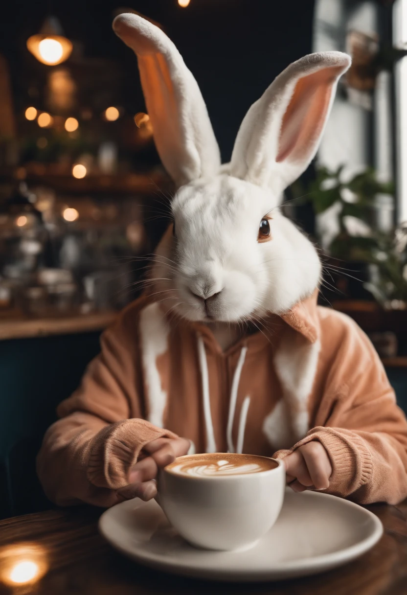 A picture of a person wearing a rabbit onesie, sipping on a cup of rabbit-themed latte art at a cozy cafe.,original,I love rabbit.
