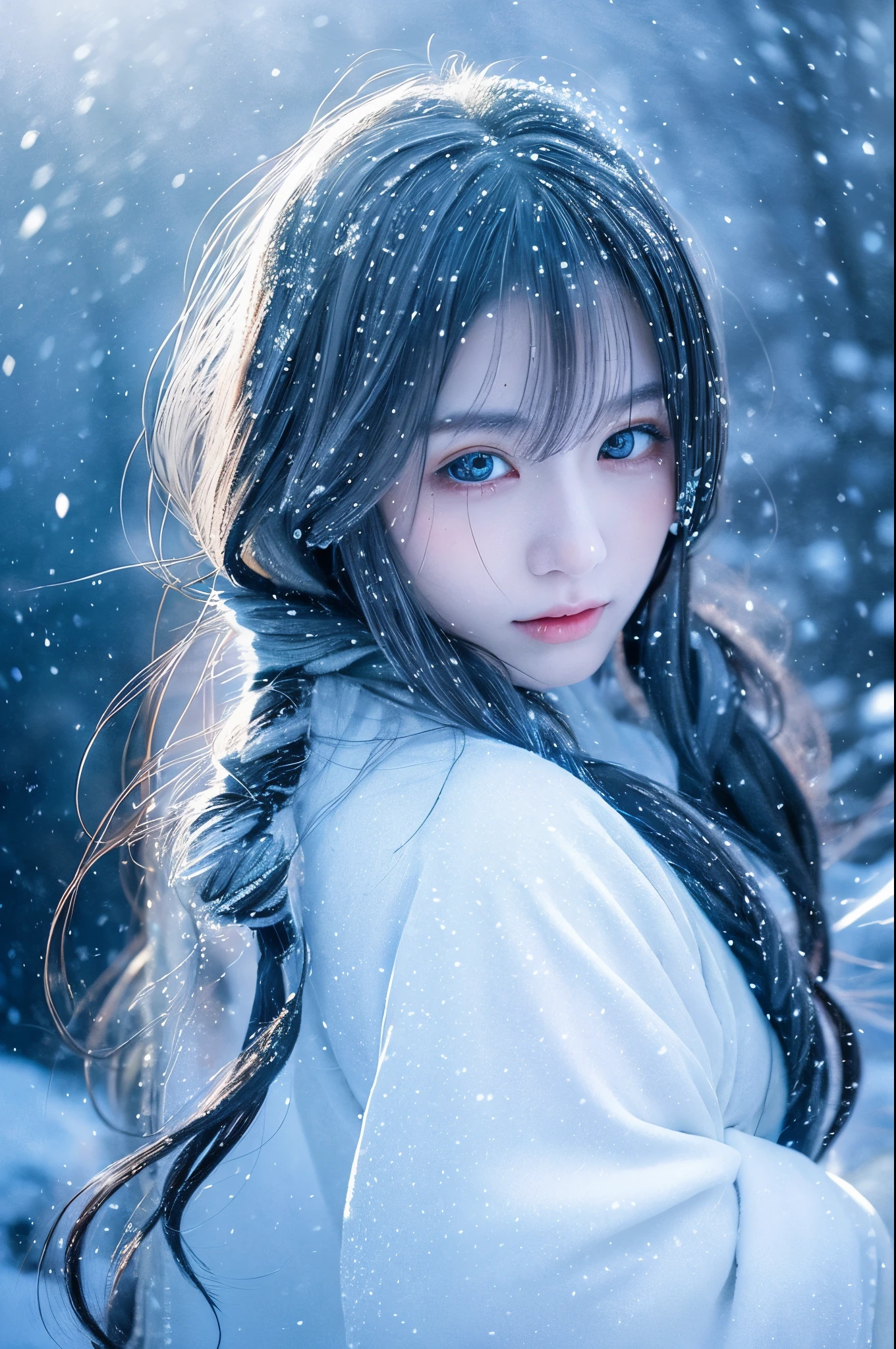 An enchanting and ethereal illustration of a Yuki-Onna, a character from Japanese folklore, set against a snowy mountain backdrop with a blizzard swirling around. She has long, flowing silver hair that glistens in the icy environment, complementing her pale, almost translucent skin. Her eyes are deep and captivating, reflecting the cold beauty of her surroundings. She wears a traditional Japanese kimono that is white with subtle blue patterns, blending seamlessly with the snowy landscape. The Yuki-Onna's pose is graceful and mysterious, embodying the chilling allure of the snow spirit. The overall atmosphere of the illustration is haunting yet beautiful, capturing the essence of this legendary figure in the midst of a snowstorm