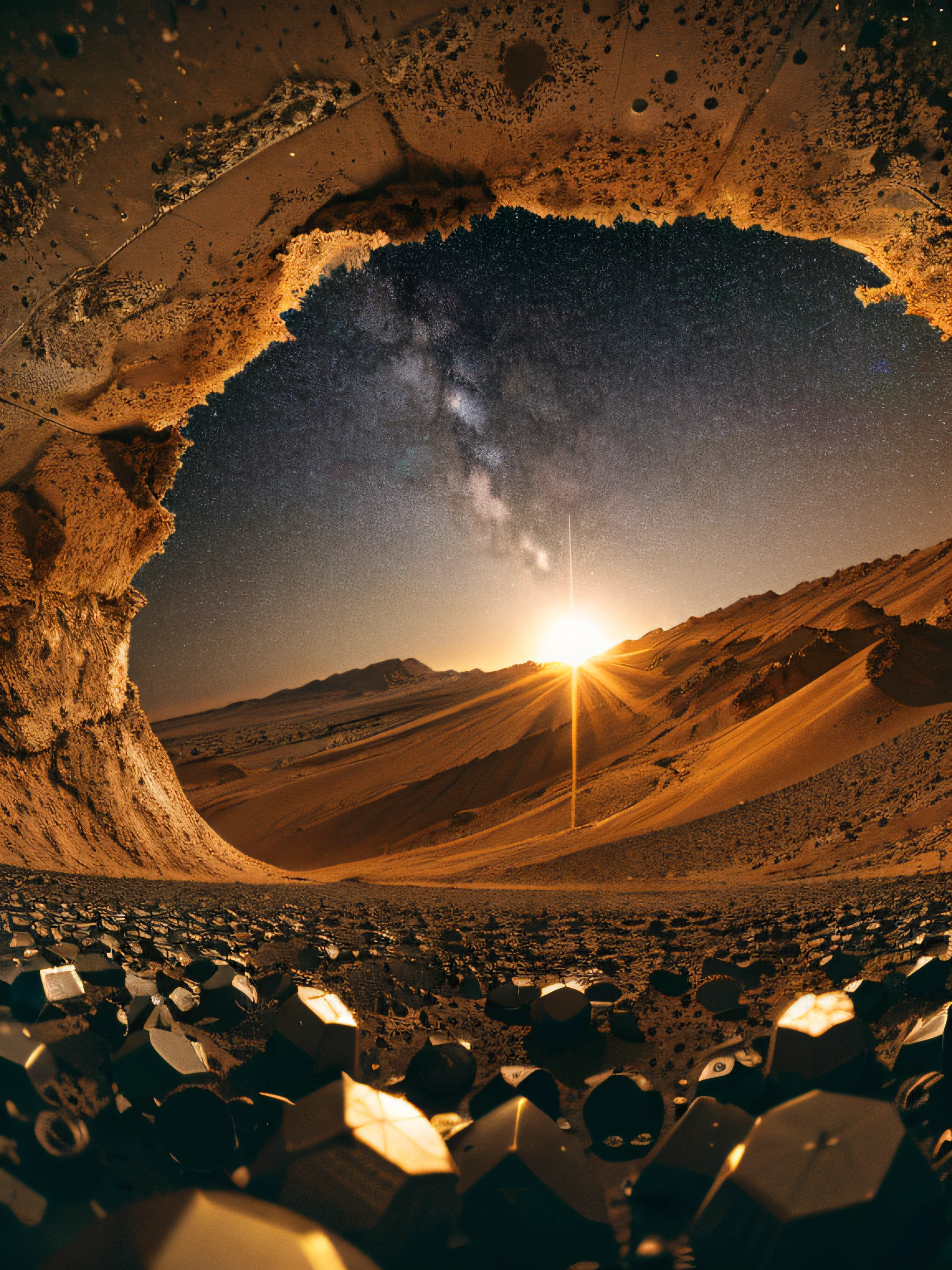 On Mars, a huge cutting-edge drilling machine is at work. The Martian ground is dotted with metallic texture and many mining workers. Bright pictures, different machines, starry sky, daytime, digging into large mechanical details, super wide angle, bird's eye view, high reality, light and dark