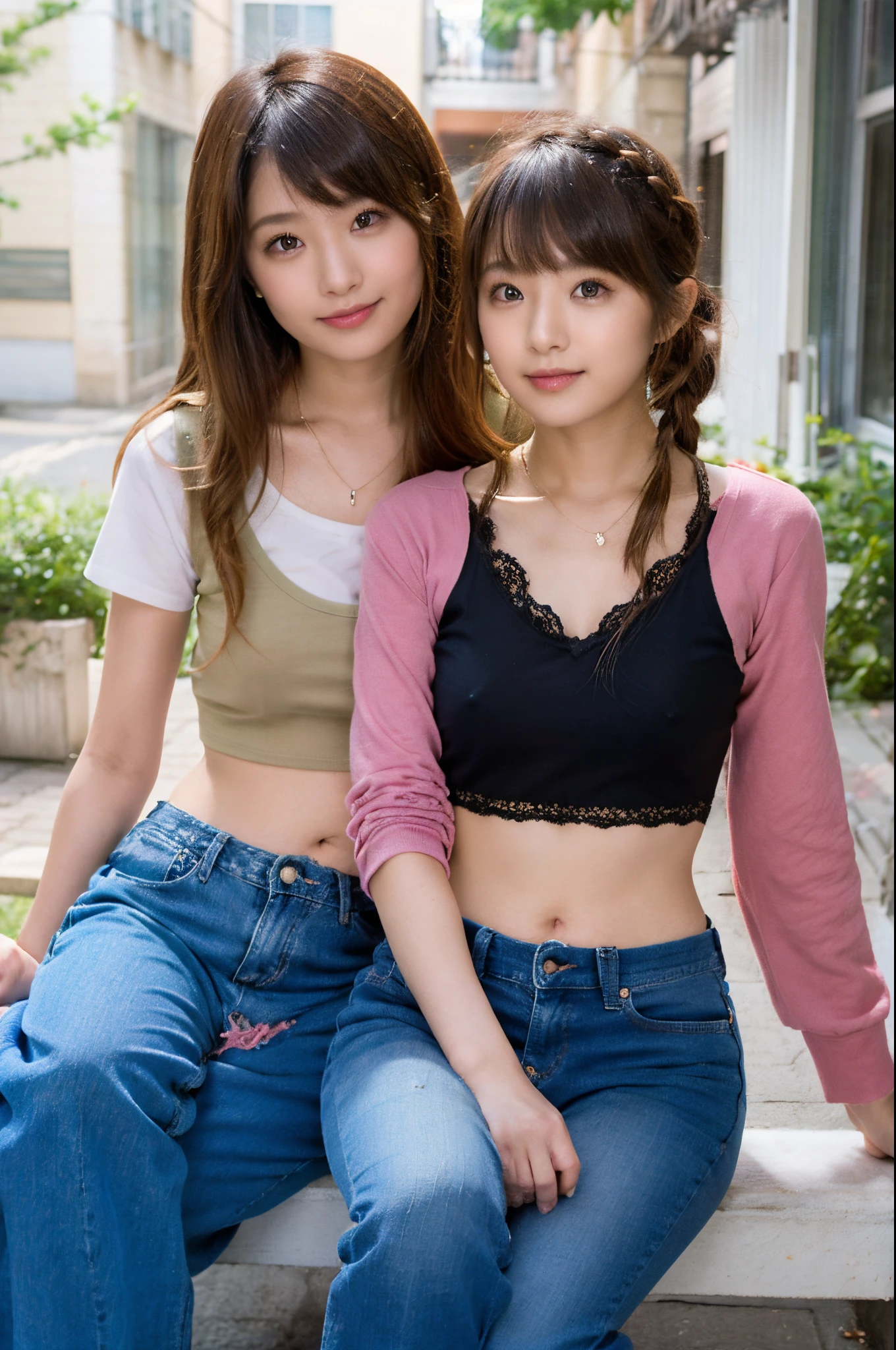 The proportions are the same for all races, All faces and pictures must be different,(ulzzang-6500-v1.3,pureeroface_v1,octane rendering),elegant pose,xxmix girl women, High level of image quality、Like a shot with an SLR、Super detailed illustration of two women, Duo,sisterhood ,sitted,Petting the,closeup portrait,hugs,strabismus:1.4,Depicting the eternal beauty and spirit of two women in 1990. they have a braided hairstyle as used to be in the 80's with lots of thin braids. They wore low-rise jeans and crop tops, 90s clothes. environment in the 1990s, Ms. Schiffer&#39;s work. _电影灯光_v2