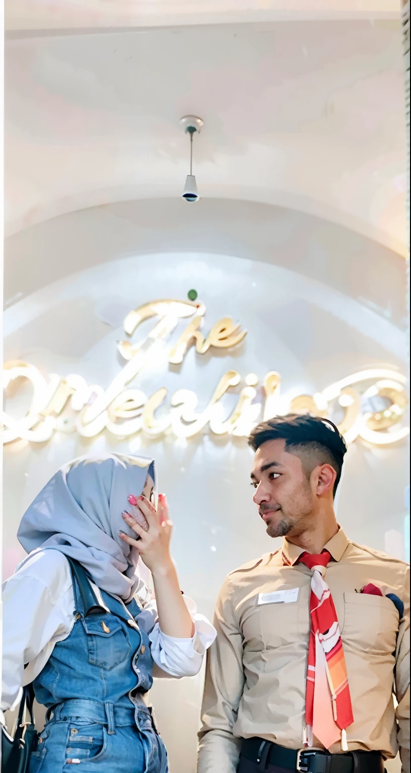 there is a man and woman standing next to each other,woman's wearing a grey hijab,woman covers her face with her hands,inspired by Cafer Bater, couple, lovely couple, happy couple, background blur, โค๐ฅ๐๐ช, instagram story, protrait, ๐ญ ๐คฎ ๐ ๐, ๐ท mungojerrie and rumpleteazer, realism artstyle, at instagram, couple pose, unreal enging