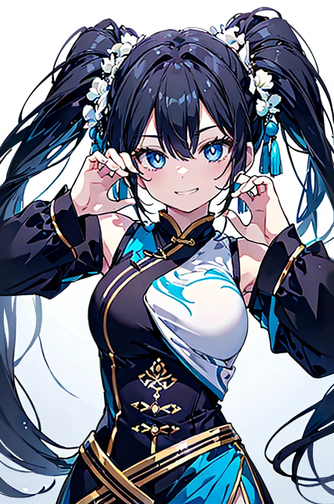 (8K、Top image quality、top-quality、​masterpiece)、1 girl in、Black hair twintails、light blue  eyes、laugh、Grinning、Moderately breasts、white chinese clothes、sleeveless、Black Gloves、cowboy  shot、claw pose、POV、simple background