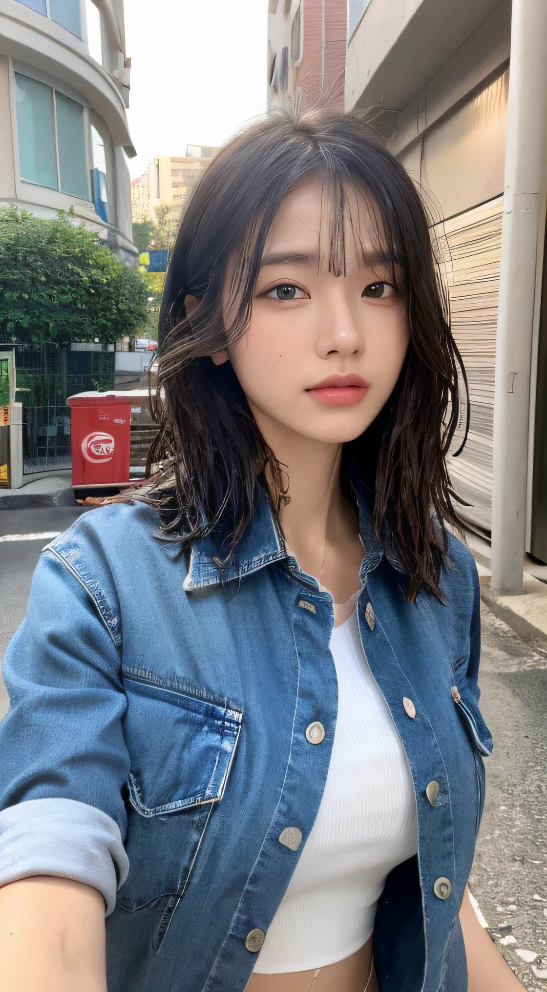 ((Best Quality, 8K, masutepiece: 1.3)), sharp: 1.2, Perfect Body Beauty: 1.4, Slim abs: 1.2, ((Layered hairstyle, Big breasts: 1.2)), (Wet white button long shirt: 1.1), (Rain, Street: 1.2), Wet: 1.5, Highly detailed face and skin texture, Detailed eyes, Double eyelids, side face looking at the camera , Full body shot