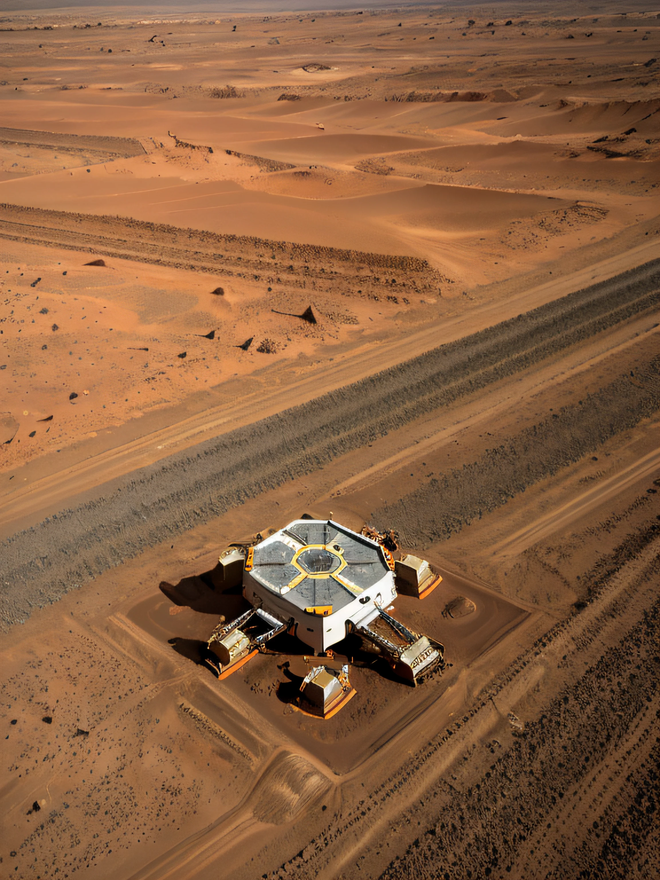 On Mars, a huge cutting-edge drilling machine is at work. The Martian ground is dotted with metallic texture and many mining workers. Bright pictures, different machines, starry sky, daytime, digging into large mechanical details, super wide angle, bird's eye view, high reality, light and dark