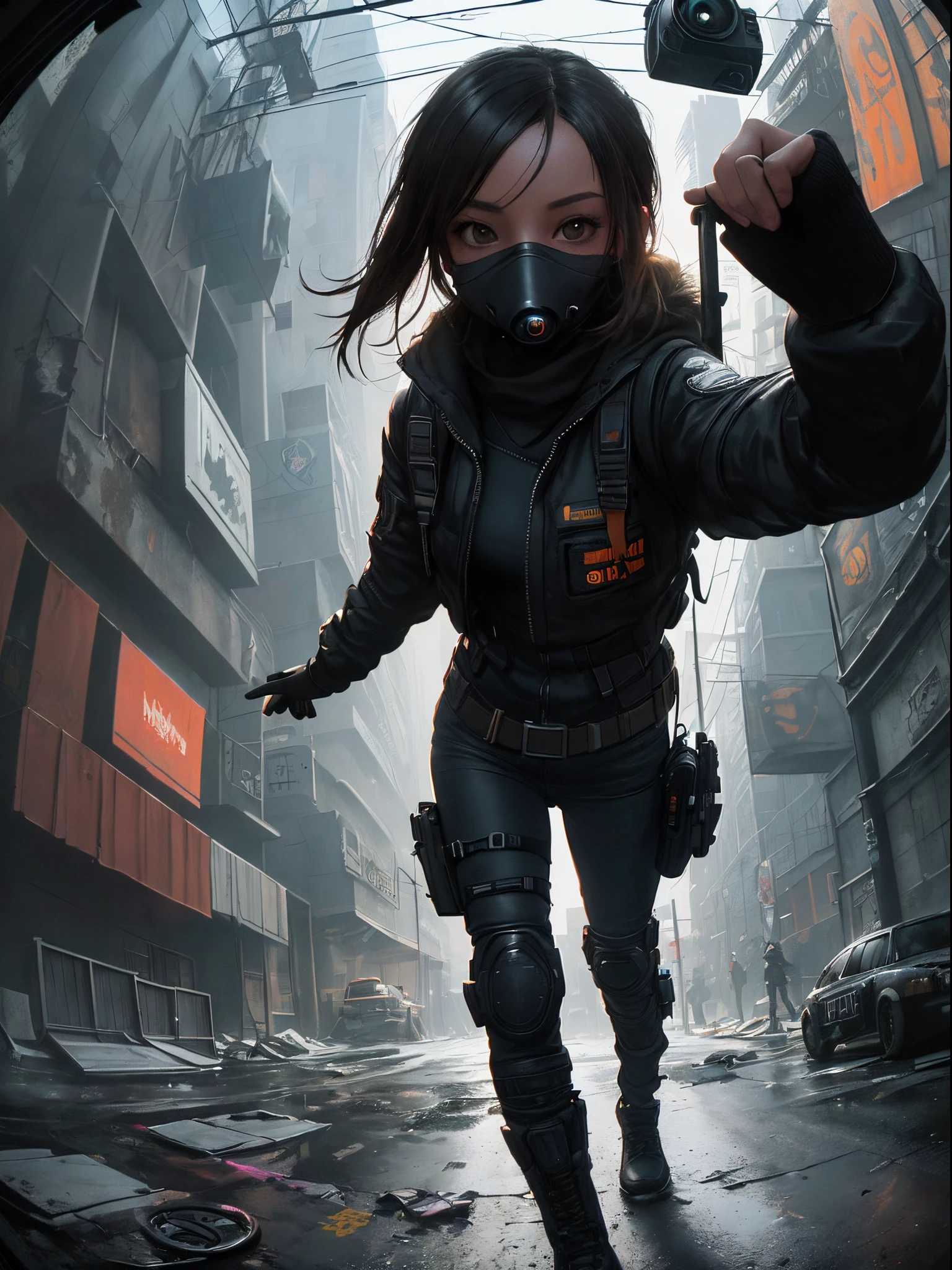 (Selfie, POV, 1girl rogue agent wearing mask, in a empty abandoned dystopian street year 2010, trashbags broken cars. (fisheye lens:1.2), nighttime analog style, masterpiece, (detailed eyes), best quality, epic, hyperrealistic, tom clancys the division concept art