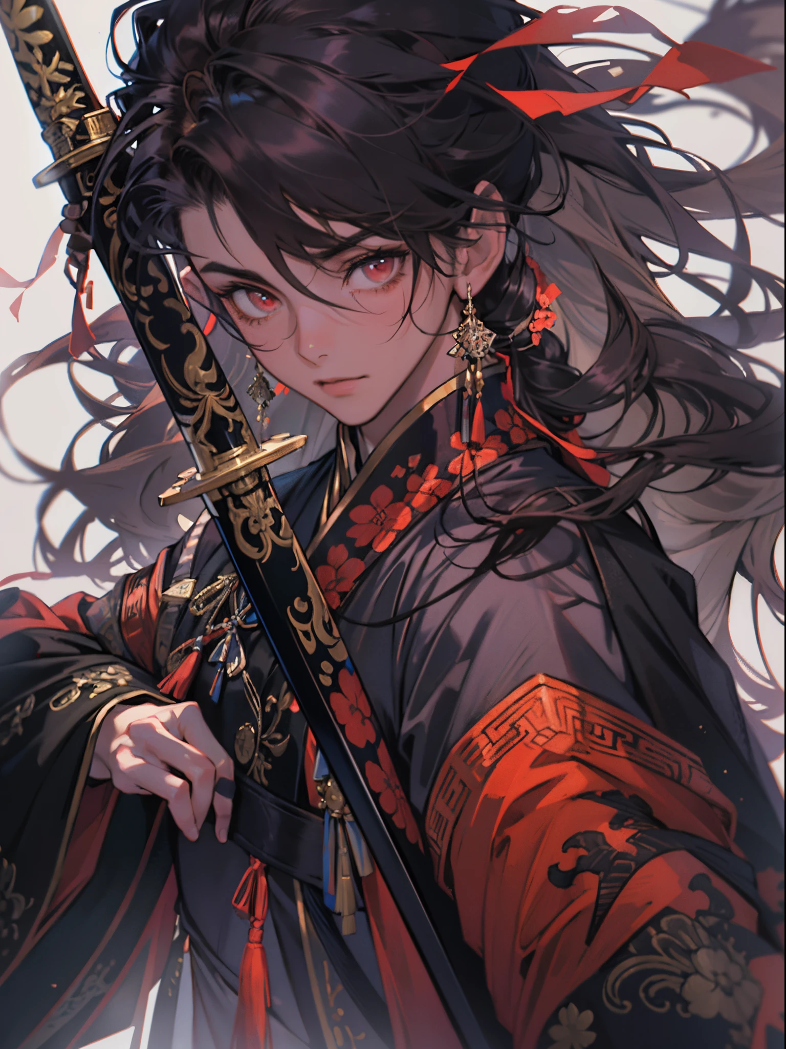 独奏、(Handsome boy:1.4)、(Holding the sword:1.2)、(Confident Face:1.2)、ers old、Very long ponytail with black hair、Red Eyes、Toned body、Muscular boy、traditional Chinese clothing、(Plum emblem on the chest of clothes)、(A dark-haired)、(Top image quality)、(8K picture quality)、(masutepiece)、cinematric light, Cinema Shadow, Sharp Image, Extremely detailed, Volumetric, beautiful effects, Vivid colors, Highly detailed image textures, detailed hairs, Detailed eyes, Photo from the knee up