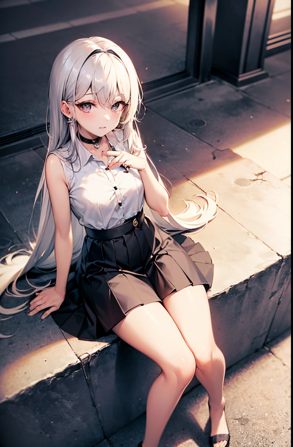 best quality, ultra high res, 1girl, sleeveless white button shirt, black skirt, black choker, cute, (Kpop idol), (aegyo sal:1), (platinum blonde hair:1), ((puffy eyes)), looking at viewer, full body, facing front, wearing a headband that says (("LYA")), text, headband. Long hair.