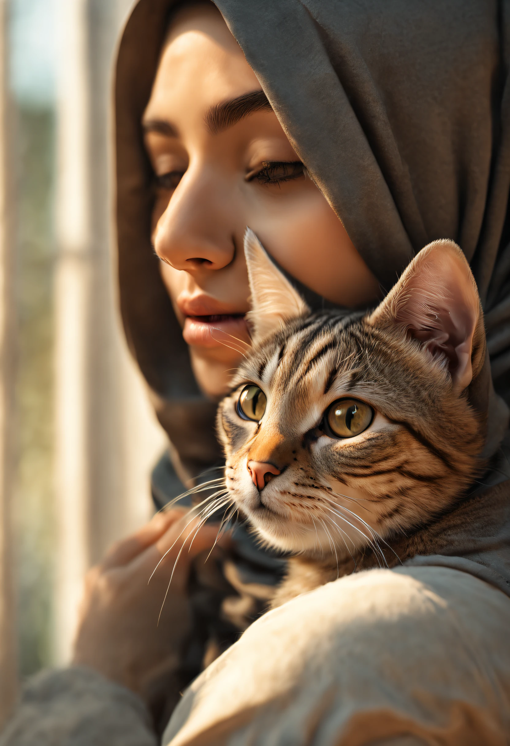 Hijabi girl playing with her cat, natural lights, sun lights, Middle of the day 4K, FUJI XT3, 8K, hijabi girl, modern hijab, Maximum results, Shot in Kodak, award - winning photo, (A hyper-realistic:1.5), (Best Quality:1.5), Photorealistic, Detailed skin texture, masutepiece, (Photorealistic:1.4), Raw photo, Perfect Shading, Realism, Photography,Detailed face textures, detailed lip texture, Detailed ears, Detail Eye, depth of fields,