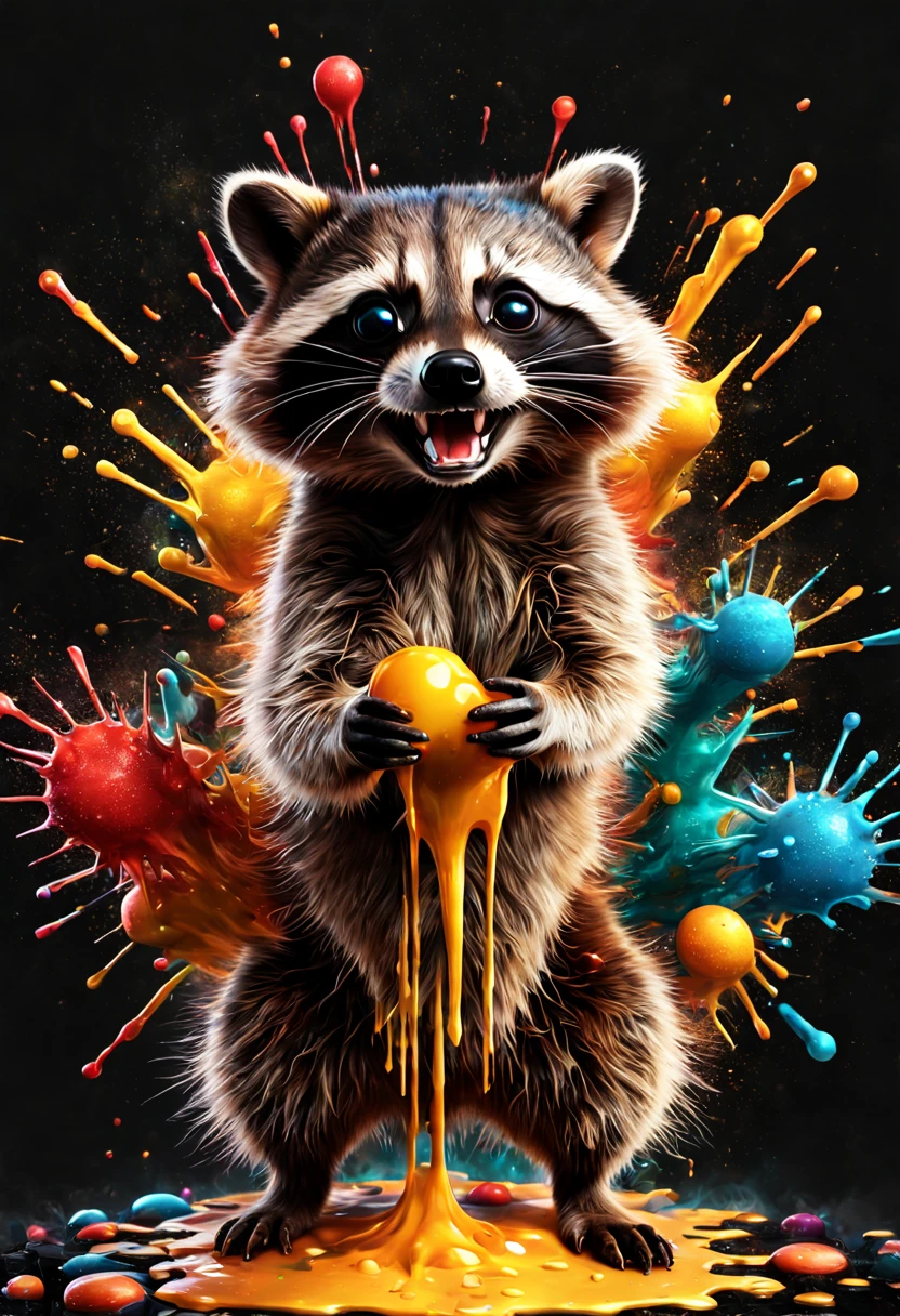 cute Raccoon honey alien, Craft a surreal explosion of colorful glue drippings, enchanting in its hyper-realistic and ultra-wide-angle depiction. Utilize textured elements and atmospheric lighting to create a mesmerizing game icon. Infuse the artwork with dramatic lighting and atmospheric details, inspired by the vibrant, and ensure it's super detailed, ready for 4K display,