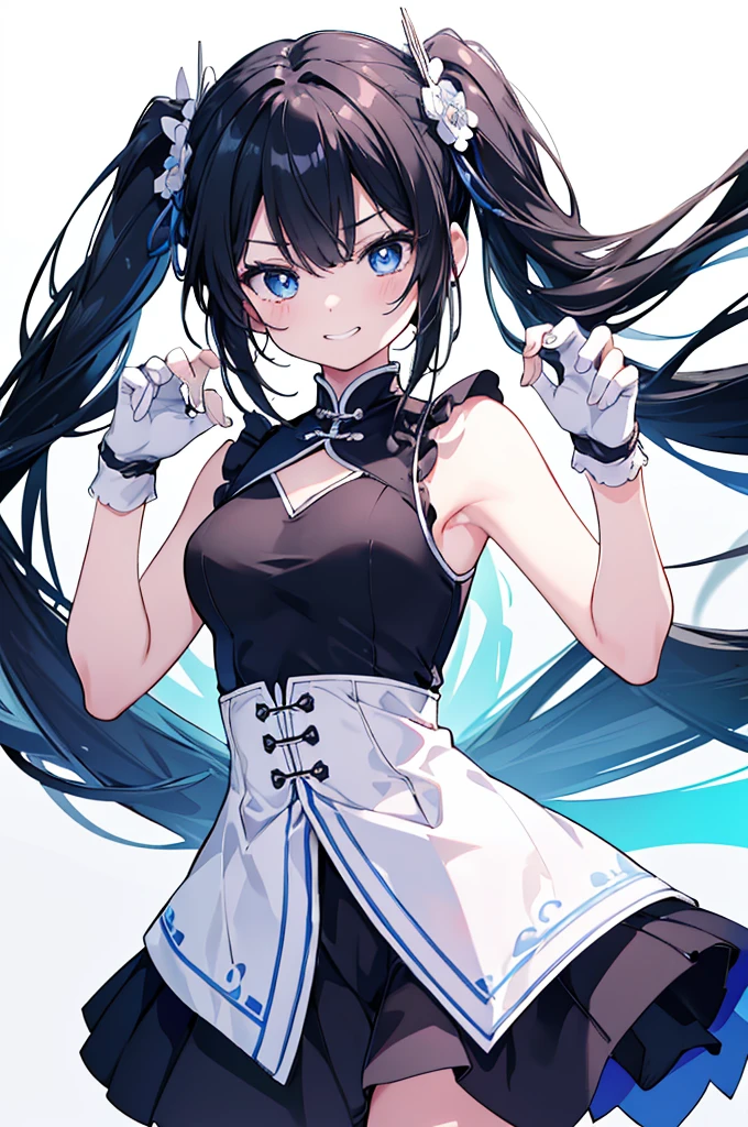 goforawalk, gloves, hair between eyes, black hair, skirt, black thighhighs, animal ear fluff, cowboy shot, blue eyes, very long hair