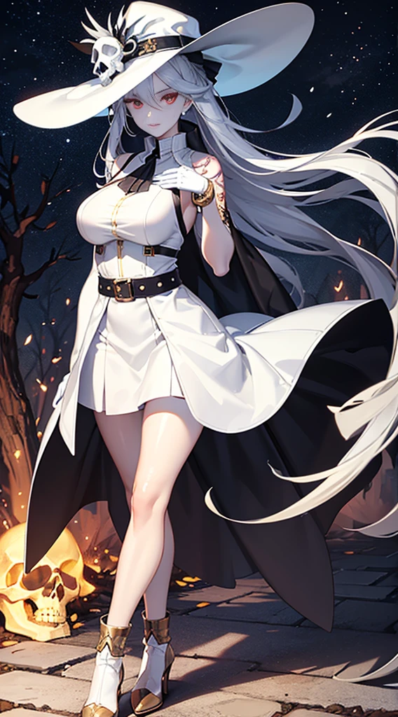 An adult woman, kitsune, white hair, red eyes, wide breasts, very angry, standing, in a black dress