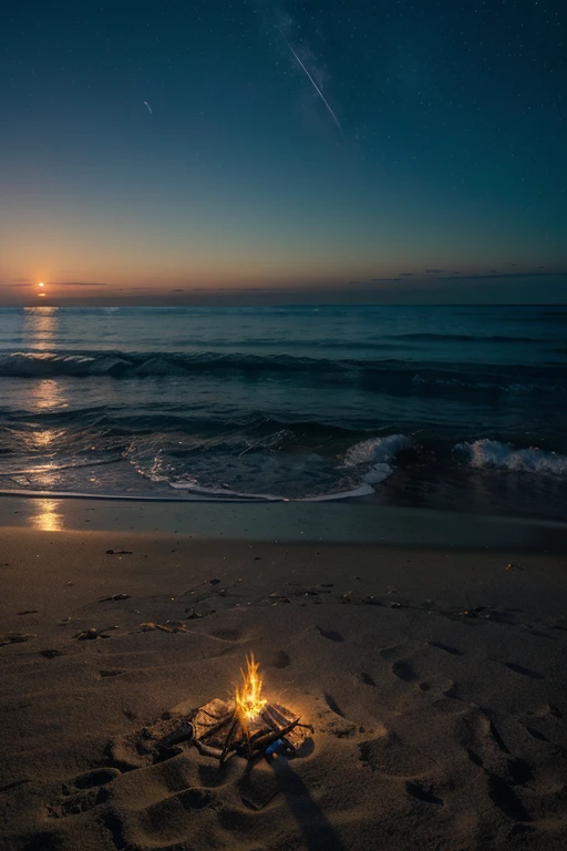 (best quality,4k,8k,highres,masterpiece:1.2),ultra-detailed,(realistic,photorealistic,photo-realistic:1.37),calm night,beach,bone fire,nature,stars,sky,moon,reflection,silhouette,serene ocean waves,soft sand texture,gentle breeze,surrounding palm trees,cozy gathering,crackling fire,beach chairs,peaceful atmosphere,tranquil scene,uninterrupted starry sky,twinkling stars,crescent moon,sparkling reflection on the ocean surface,distant sound of waves,moonlight casting a soft glow,fire's warm light illuminating the surroundings,relaxing sounds of nature,bright moonlit path on the sand,endless expanse of nature,calming blue hues in the sky,whisper of the wind through the leaves,coolness of the night air,refreshing scent of the ocean,touch of warmth from the fire,majestic presence of the moon,starry blanket overhead,luminous beauty of the beach at night,peaceful solitude amidst the vastness of nature,dream-like ambiance,magical atmosphere,quiet contemplation under the night sky.