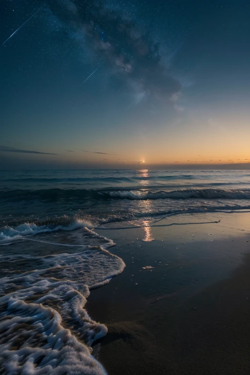 (best quality,4k,8k,highres,masterpiece:1.2),ultra-detailed,(realistic,photorealistic,photo-realistic:1.37),calm night,beach,bone fire,nature,stars,sky,moon,reflection,silhouette,serene ocean waves,soft sand texture,gentle breeze,surrounding palm trees,cozy gathering,crackling fire,beach chairs,peaceful atmosphere,tranquil scene,uninterrupted starry sky,twinkling stars,crescent moon,sparkling reflection on the ocean surface,distant sound of waves,moonlight casting a soft glow,fire's warm light illuminating the surroundings,relaxing sounds of nature,bright moonlit path on the sand,endless expanse of nature,calming blue hues in the sky,whisper of the wind through the leaves,coolness of the night air,refreshing scent of the ocean,touch of warmth from the fire,majestic presence of the moon,starry blanket overhead,luminous beauty of the beach at night,peaceful solitude amidst the vastness of nature,dream-like ambiance,magical atmosphere,quiet contemplation under the night sky.