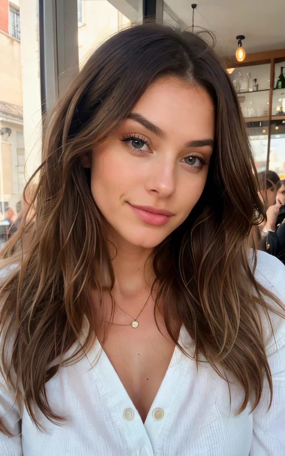 Belle brune aux reflets blonds portant un pull beige (in a café drinking soda), Very detailed, 22 ans, visage innocent, chocolate brown wavy hair, Yeux verts, High resolution, Masterpiece, Best quality, intricate high detail, highly detailed, mise au point nette, detailed skin, realistic skin texture, texture, detailled eyes, professionnel, 4K, sourire charmant, pouty lips, filmed on Canon, 85 mm, faible profondeur de champ, Couleur Kodak Vision, perfect fit body, Extremely detailed, photographier_\(ultra\), photoreallistic, Realstic, Post-traitement, maximum details, roughness, real life, ultra realist, photorealism, photographie, 8K UHD, photographie