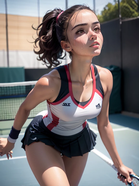 Best Quality, masutepiece, High resolution, (Photorealistic:1.4), Raw photo, 1 beautiful girl ,Dynamic Angle,Female Tennis player,Skirt ,small head, Glowing skin, Sweat,At the tennis venue,(Detailed beautiful face:1.4),detailed skins,Detailed eyes,detailed hairs,Cool,Beautiful,nice legs,