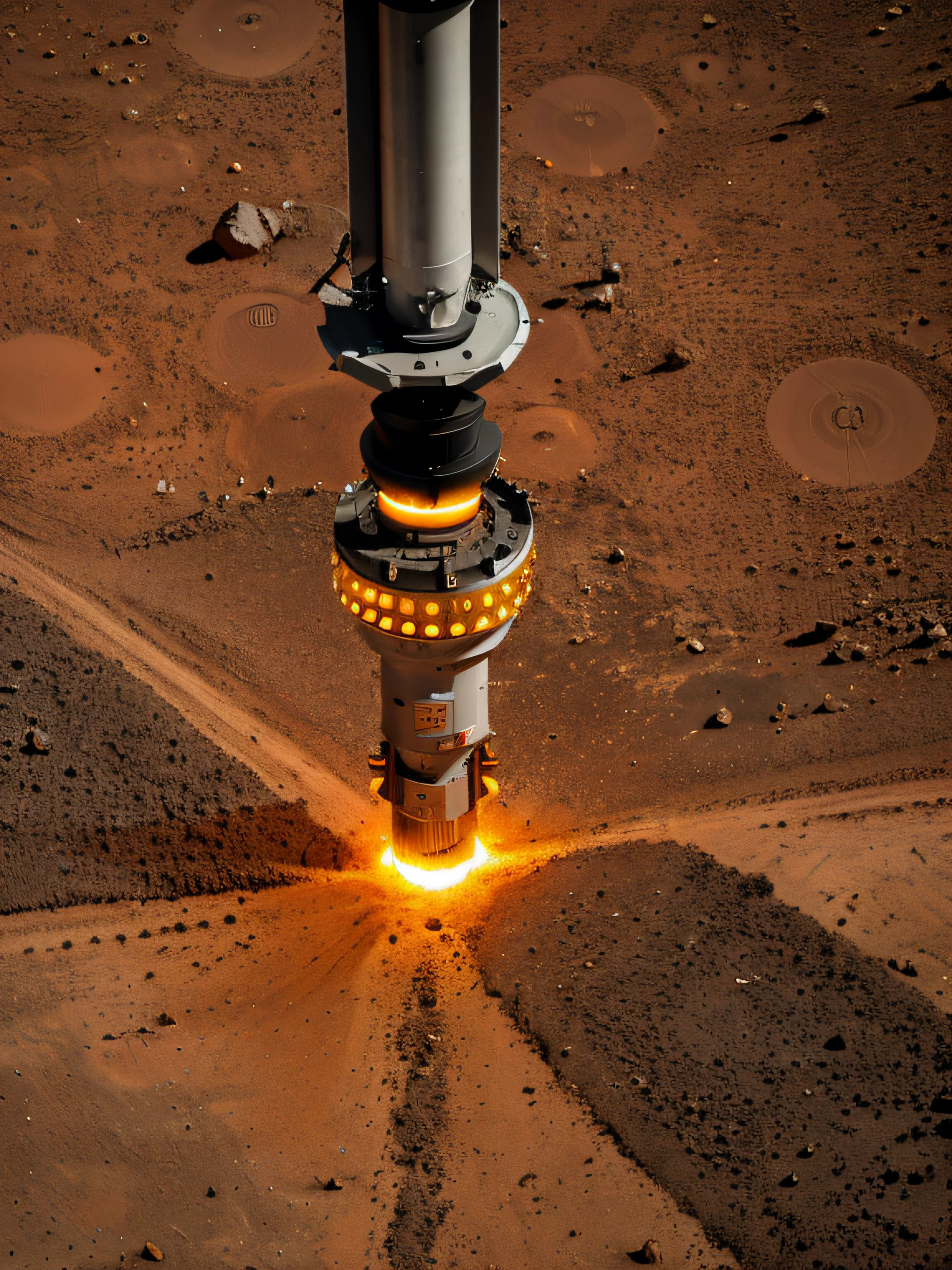 On Mars, a huge cutting-edge drilling machine is at work. The Martian ground is dotted with metallic texture and many mining workers. Bright pictures, different machines, starry sky, daytime, digging into large mechanical details, super wide angle, bird's eye view, high reality, light and dark