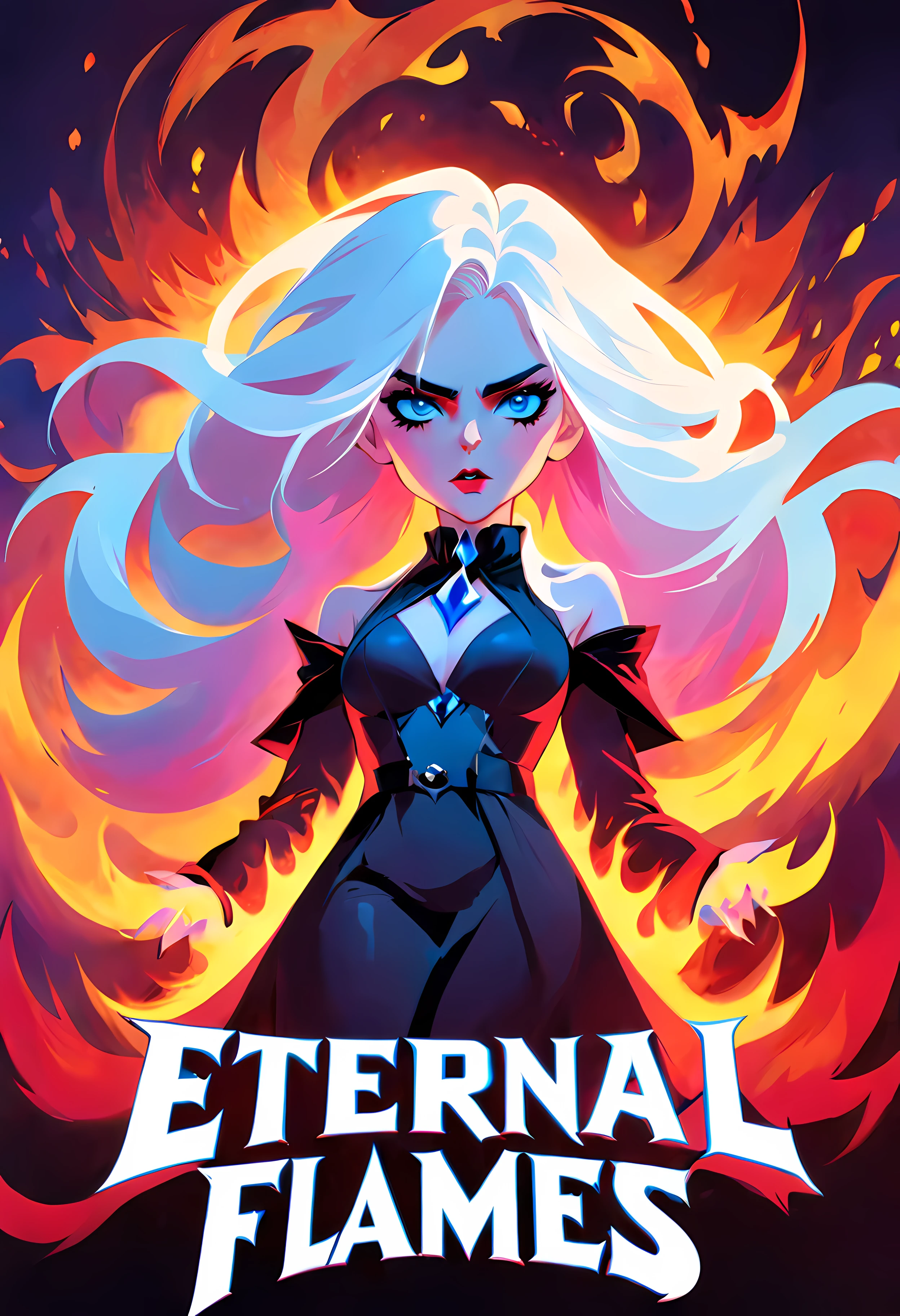 Movie Poster - poster of a movie with the big ((title "Eternal Flames")) written in bold elegant font positioned prominently, a captivating and mysterious hot ((vampire)) girl, long white hair, vivid blue eyes, seductive yet dangerous aura, (((looking at the viewer))), the background is engulfed in vibrant flames symbolizing the intensity and power of her character