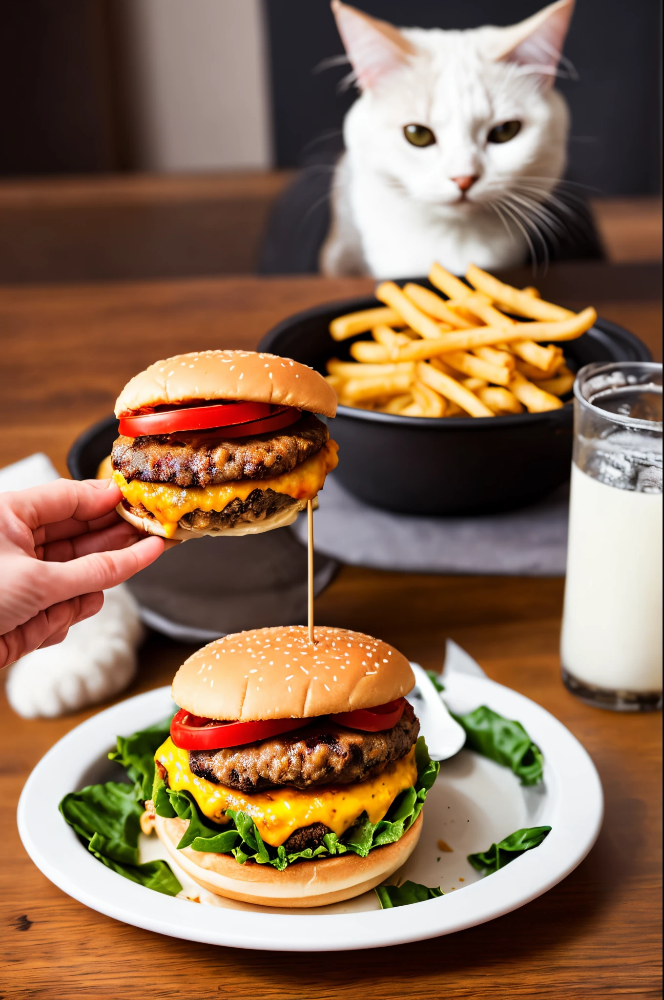 Fat cat eating cheeseburger