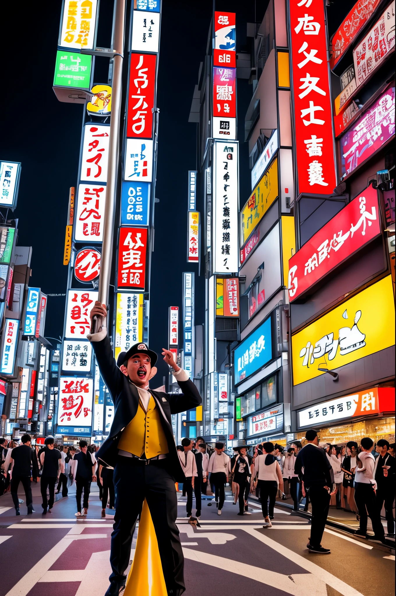 A night scene in the style of Tokyo Drift the movie, with Toad, the animated character from Super Mario brothers, who has only a vest on and is dancing on a pole in the middle of the Tokyo Nightlife scene