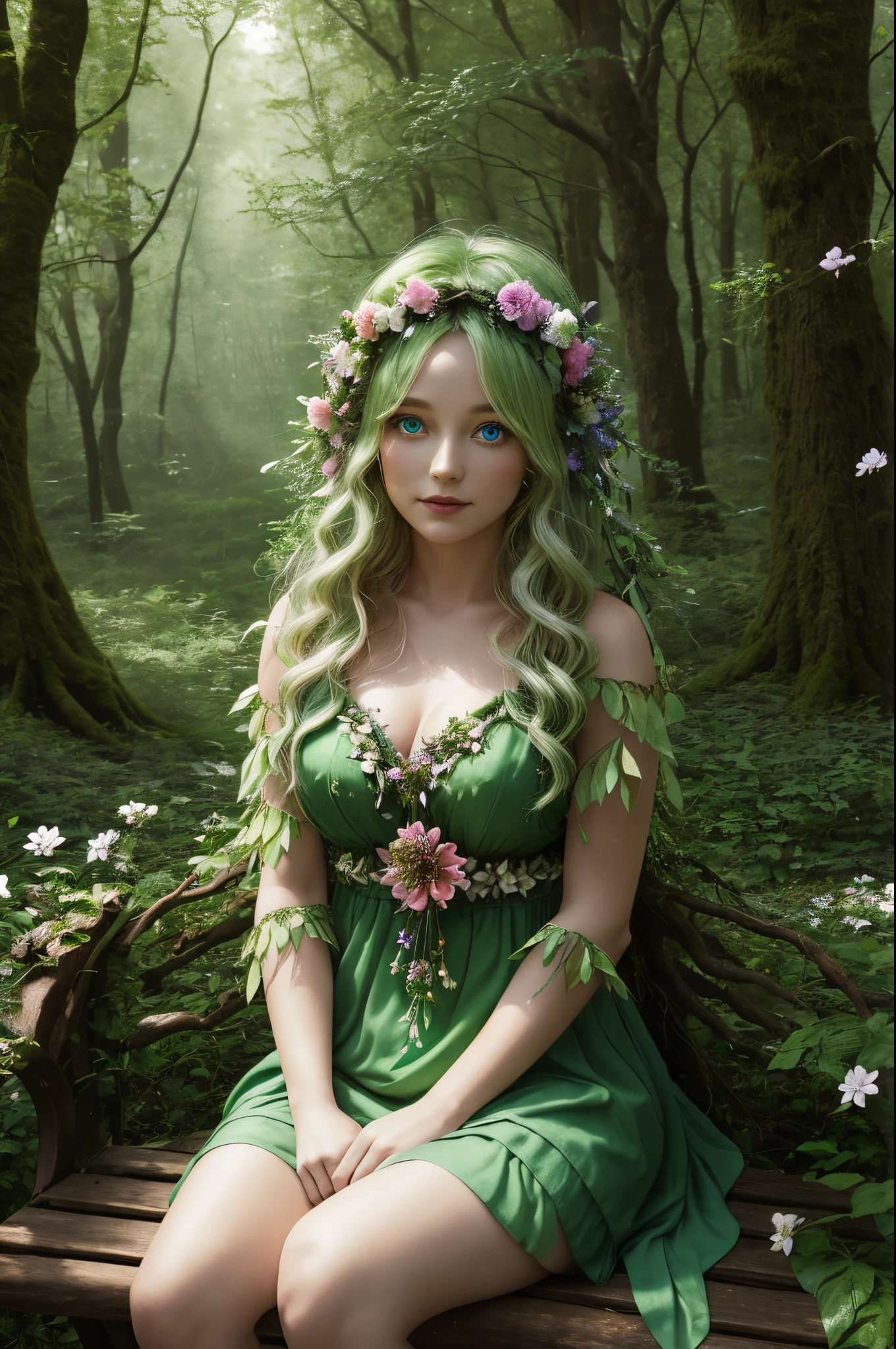 A Woman, Forest Nymph, 35 years old age, sitting on a bench in a forest with flowers, fey queen of the summer forest, goddess of the forest, forest fairy, goddess of nature, forest fae, queen of the forest, queen of nature, goddess of spring, a maid in a magical forest, forest soul, the non-binary deity of spring, forest dryad, perfect eyes, beautiful eyes, detailed eyes,