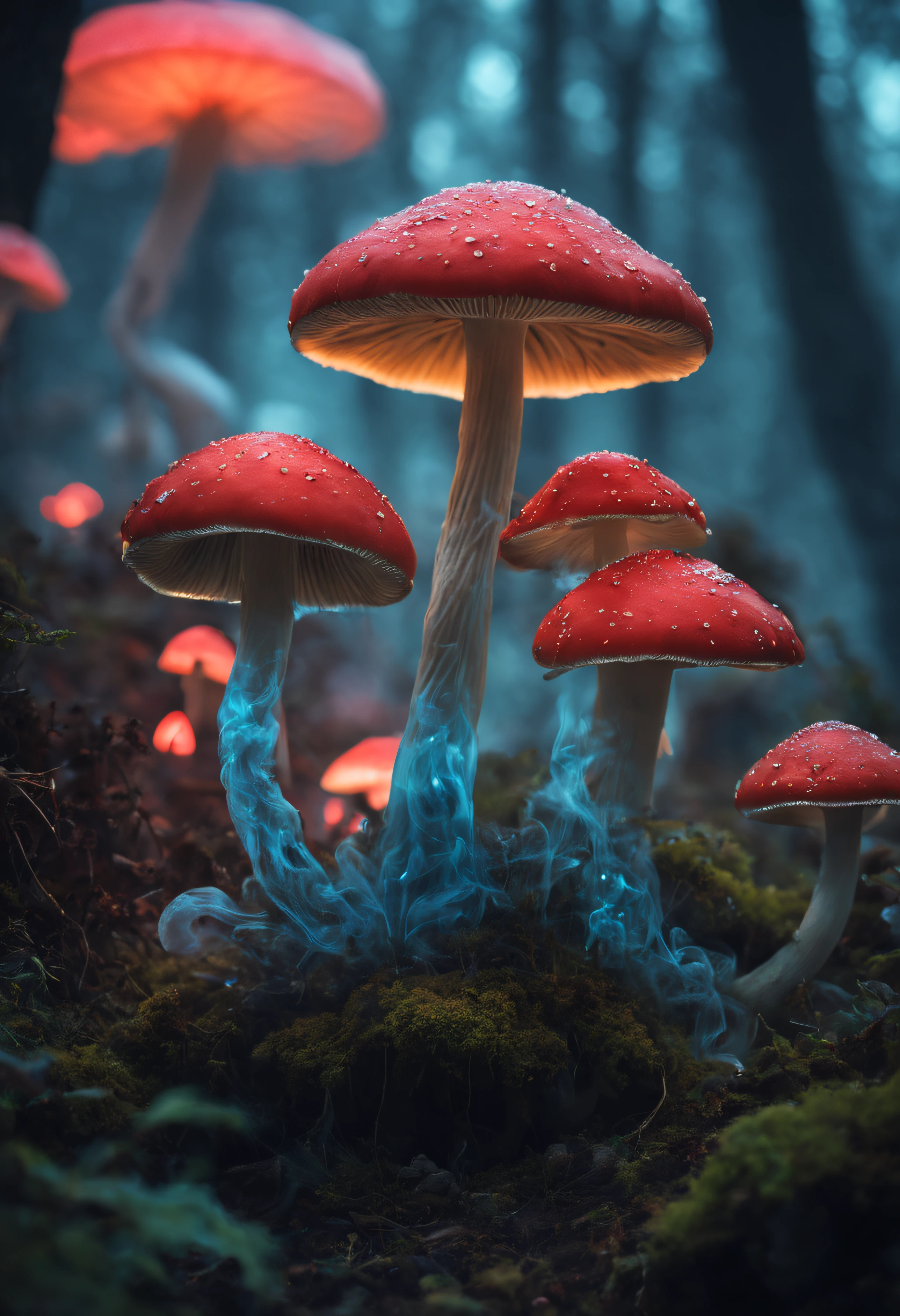 The main thing is a collection of poisonous mushrooms that emit smoke from their heads.、Horrible smoke with strange shapes、Mesmerizing surreal movie still from Alice in Wonderland with mushrooms wrapped in smoke that gives off a mysterious glow, magical dreamland bokeh background, A fascinating and eerie fantasy world, Illuminates dark shot scenes with a fantastic glow, Otherworldly elements of a familiar story, ether wonderland, mystic atmosphere, Dark enchantment and the aesthetics of dark fantasy realism, Translucent bioluminescent material、((A deformed poisonous mushroom that grows in another world and emits bewitching smoke.,)) Ultra-realistic, (Voronoi pattern, depth of fields, (swirly bokeh:1.275), (Kodak Portra 400:0.875) :1.15), (Realistic and complex futuristic background, Lots of futuristic cookware:1.1), ((Mushroom made of shiny glass)), (Turbulent Toxic Vapor:1.2, Magnificent surrealism, Red lighting, low key light:1.1), Notable masterpieces, celestial, Ethereal, epicd, Magical Light Flare, Natural and soft dreamy lighting, ((Warm Yellow and Deep Carbon:0.7), (Cinematic Look:1.15):1.15)