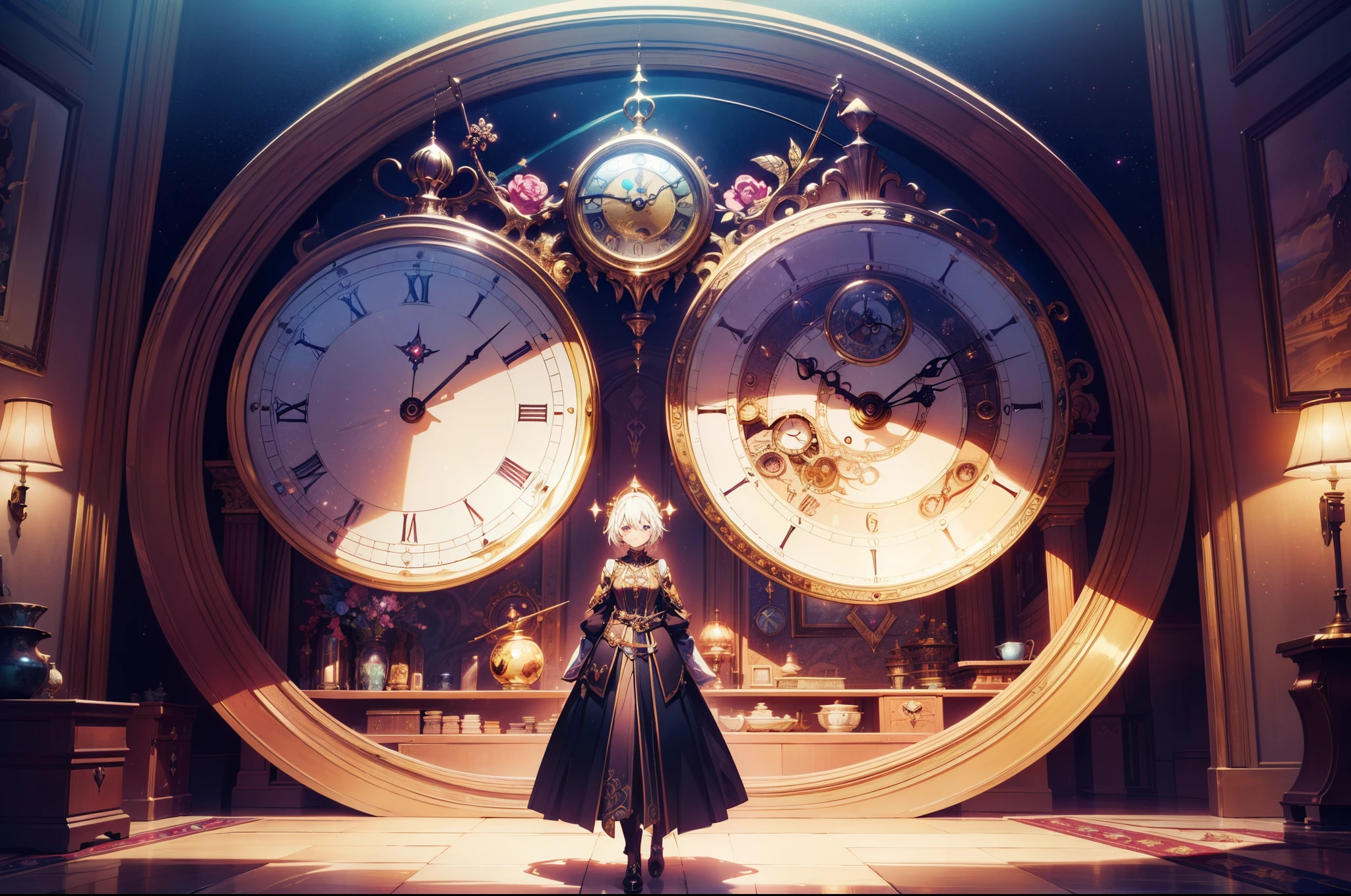 1 cute girl, lots of antique clocks , floating clocks, front , (character focus) , (fantasy art), distorted space ,fantasy world, dark lighting , high resolution,(incredibly absurdres) ,extremely detailed CG unity 8k wallpaper, ((masterpiece)), ((top-quality)), (beautiful illustration,background Tento), ((an extremely delicate and beautiful))