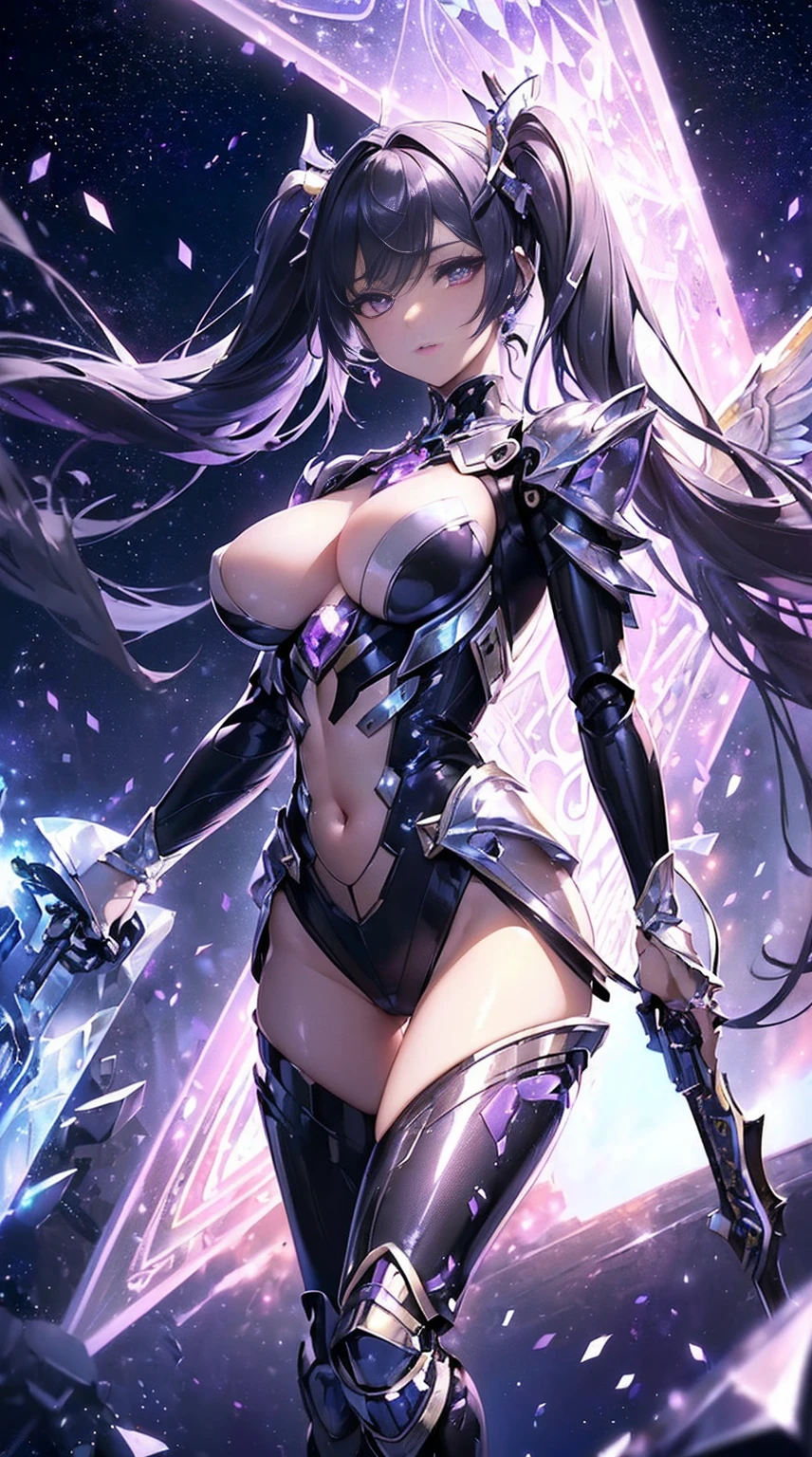 (((masterpiece))), (((highest quality))), ((ultra-detailed)), ((super fine illustration)), ((ultra-fine painting)), Highly detailed and delicate watercolor sytle, detailed skin texture, detailed metal texture, detailed cloth texture, extreme detailed description, (T-masterpiece), ((highly detailed face)), raw photo, professional, perfect anatomy, (sexy), (sexy), real, ((Solo)), ((A beautiful and cool female marshal with beautiful hair and eyes dressed as a mechanical angel)) BRAKE Beautifully shaped small breasts, Beautifully shaped buttocks, (beautiful and shiny silver hair with twintails:1.1), (Beautiful clear purple eyes:1.1), (detailed beautiful clear eyes:1.6), BRAKE ((sophisticated mechanism:1.4))Smooth and menacing design, (Highly detailed and delicate large amethyst purple Sleek symmetrical mechanical wings:1.4)), ((Highly detailed and sophisticated mechanical beam greatsword:1.4)), ((A highly detailed, sophisticated, high-speed, high-mobility, pretty mechanical exoskeleton armor dress that shines in iridescent colors exclusively for Marshals:1.3)) BRAKE concept-art, Detailed Science Fantasy Art, (Battle Pose), ((Highly detailed and sophisticated slashing pose:1.0)) BRAKE (Highly detailed and delicate starry sky), (other world), no robot, (close mouth), Front view, (8K highest quality wallpaper), Highly detailed and delicate background BRAKE (cute background, Geometric patterns, vivid color background:1.5), (colorful confetti:1.15) BRAKE (NSFW) BRAKE