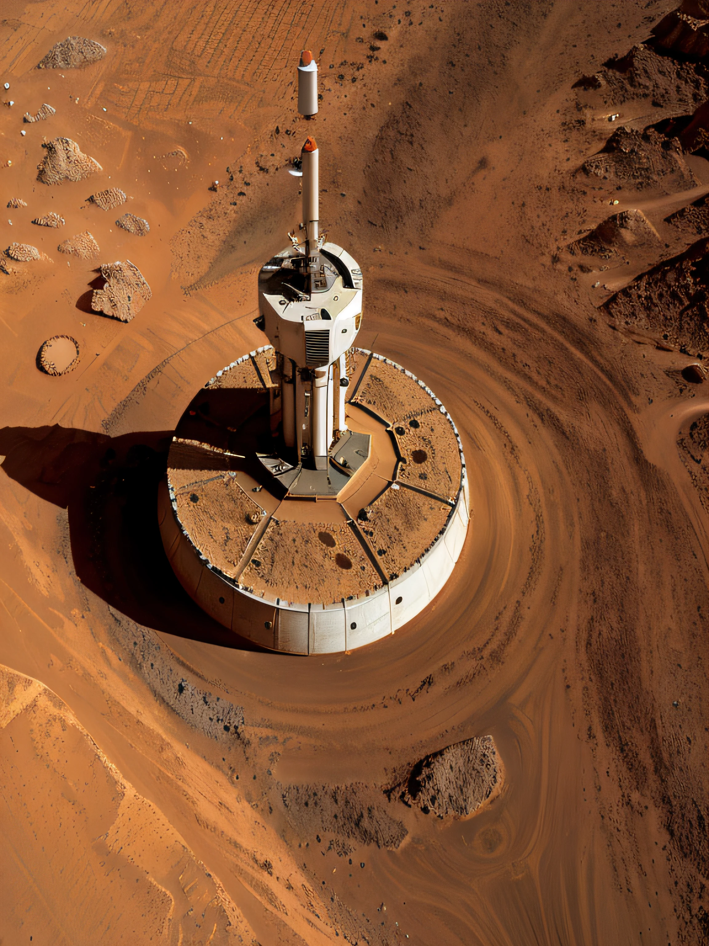 On Mars, a huge cutting-edge drilling machine is at work. The Martian ground is dotted with metallic texture and many mining workers. Bright pictures, different machines, starry sky, daytime, digging into large mechanical details, super wide angle, bird's eye view, high reality, light and dark