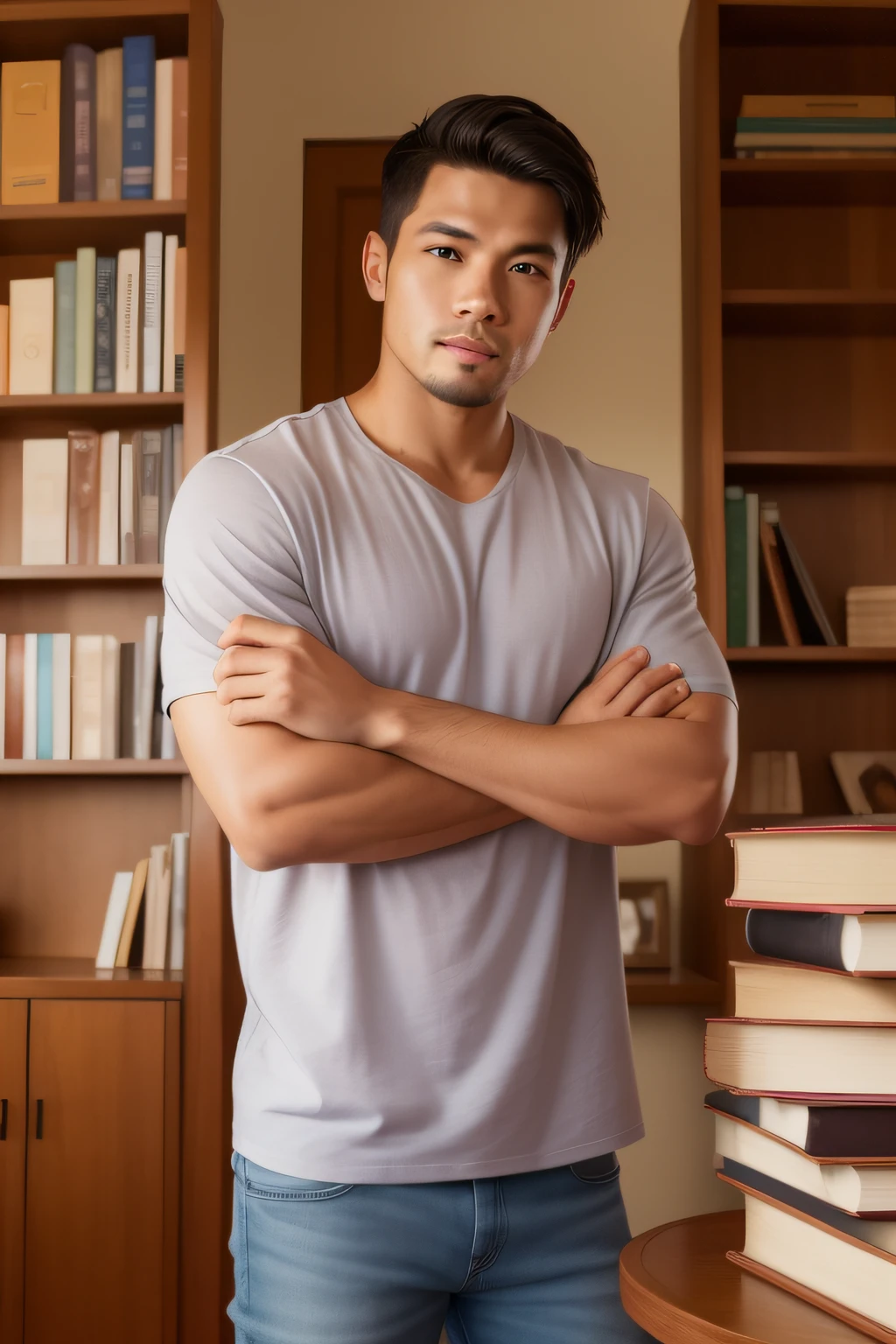 homem muito bonito, de origem filipino, psicologo, with psychology books in hand, posando para foto profissional.