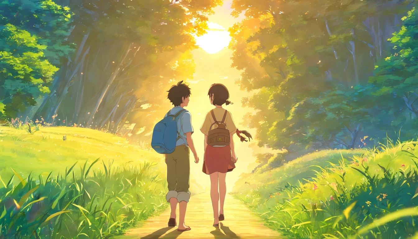 (An adventurous peasant boy, com s and mblant and trist and) big breasts and big breasts (Uma Yovem Camponesa), Usandosa Patos, emu, style of anime, end of book, the sunset,Day gradually turns into night, The stars begin to rise , circular imagery