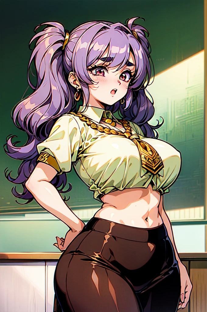 "(masterpiece:1.1), best quality, NSFW, 
1girl, gyaru, (80s anime style:1.3), (eyelashes:1.5), (****:1.2), 
(intricate high detailed body:1.2), 
(purple hair:1.1), 
(bangs:1.1), (wavy twintails:1.1), 
red eyes, (thick eyebrows:1.1), 
(oiled skin:1.1), (curvy body:1.2), (gigantic breasts:1.1), 
(shy:1.2), (blush:1.1), open mouth, 
(school uniform, skirt, midriff peek:1.1), 
neck tie, tattoo, earrings, necklace, 
standing, hand on hip, 
upper body, 
(daytime, classroom:1.2)"