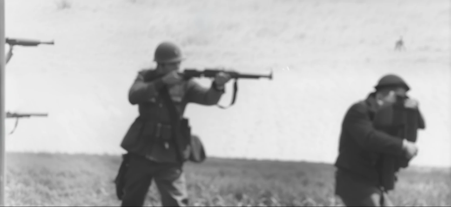 arafed men in a field with guns and a dog, working out in the field, still from film, scene from supplizia, action scene from the film, ( ( photograph ) ), still from the film, photographic still, grainy movie still, 6 june 1944, still from l'estate, frank franzzeta, war photograph