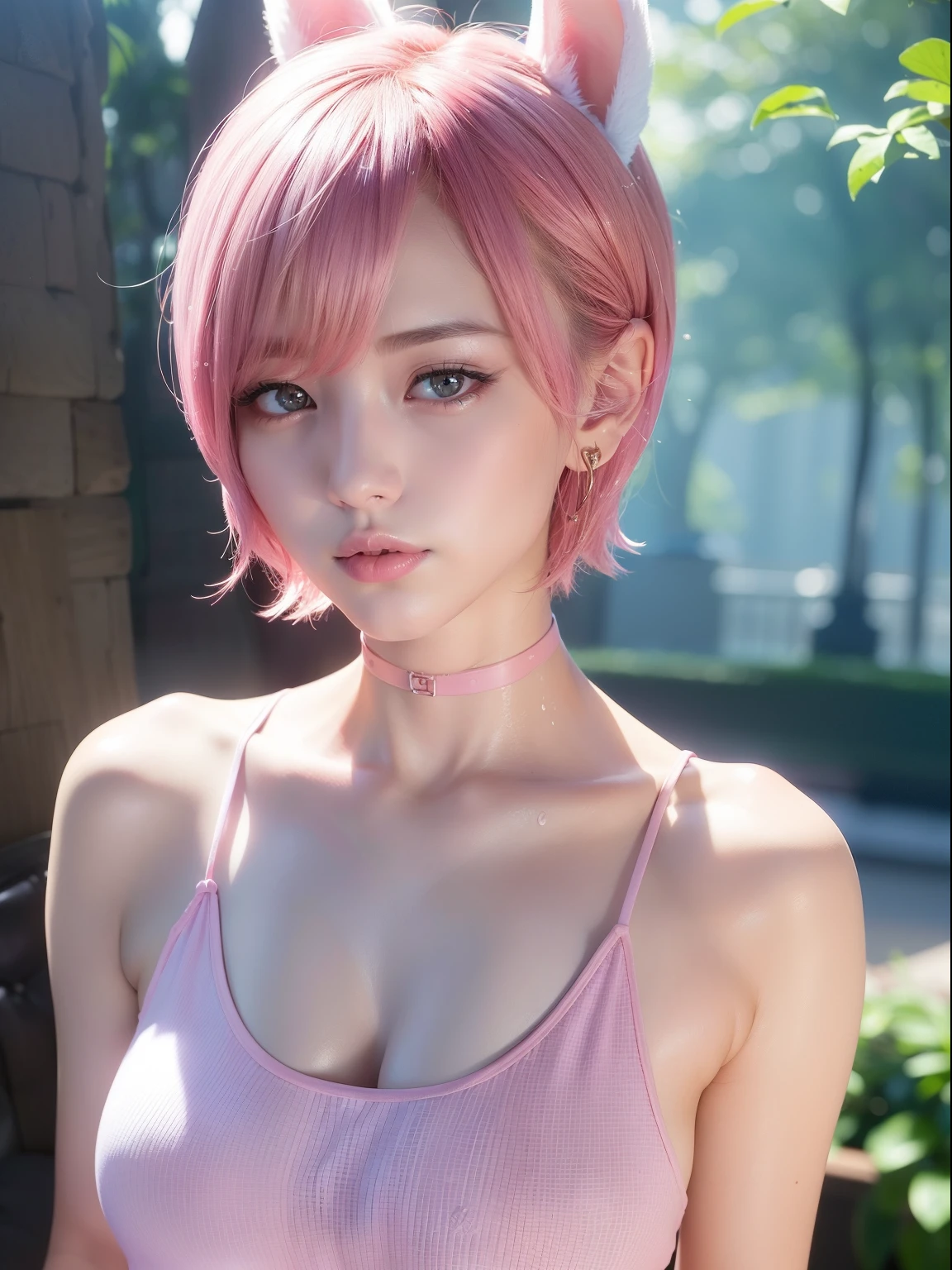 Pink hair、Overall、fullnude、fullnude、Pink short cut hair、Pink short cut hair，(8K, top-quality, ​masterpiece:1.2), (realisitic, Photorealsitic:1.37), ultra-detailliert, , full body Esbian, (Adjusted hair:1.5) cute little、(A smile:1.15)、(Mouth closed)、tiny chest、Eyes in Beautiful Details、（short-hair：1.2）、Floating Hair NovaFrogStyle、masuter piece、Pink Shortcut Bob、Realistic rabbit ears、Pink realistic rabbit ears、Realistic ears of rabbits sticking out of the head、Pink hair、Beautiful girl in her 20s、Bewitching atmosphere、Beautiful shaped hands、K-POP、Pink rabbit ears、1 girl in、独奏、​masterpiece、top-quality、realisitic、Hyper-detailing、(Sweaty skin:1.4)、absurderes、short pink hair、Slender beauties、动态照明、hight resolution、foco nítido、depth of fields、(thick thight:1.0)、A slender :1.2，((Short-cut bob hair))、((k pop:1.3))，Highly detailed facial and skin texture、((魅惑的))，Anatomically correct number of fingers，Correct anatomy、Dripping sweat、Wearing sweat、