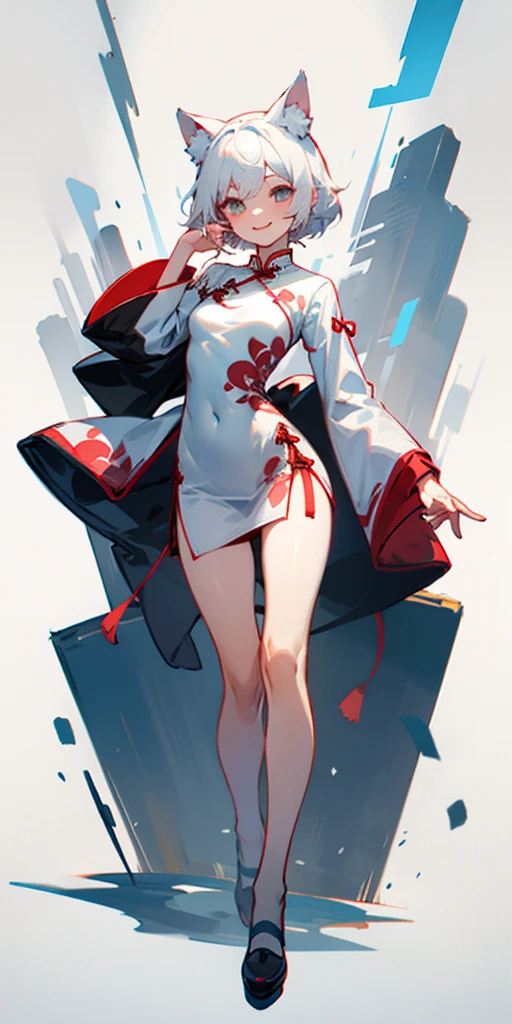 Girl with cat ears smiling white hair cheongsam front full body