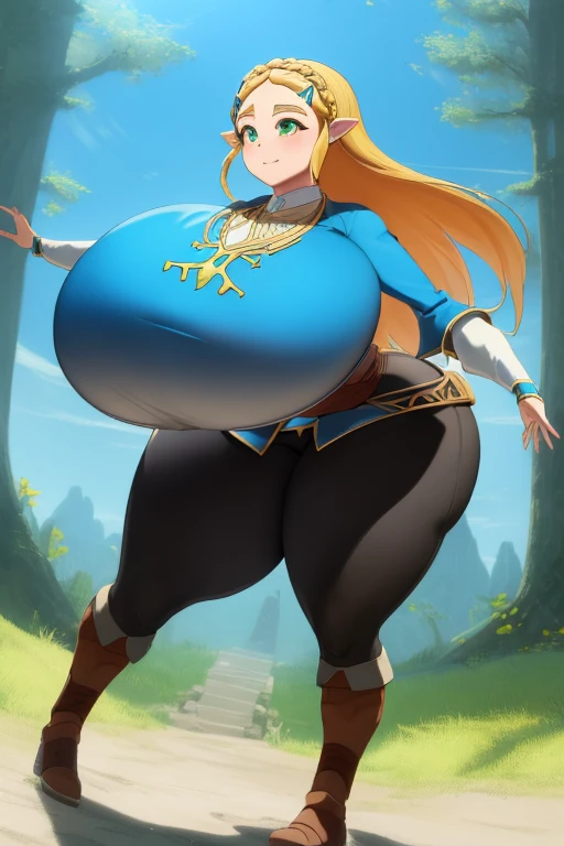 masterpiece, best_quality, 1girl, solo, princess zelda, nintendo, the legend of zelda, botw, black pants, (large ass:1.3), (large breasts:1.6)