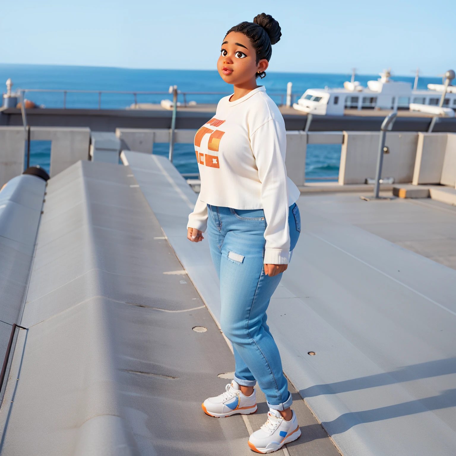 there is a black chubby woman standing on a roof, standing on a rooftop, standing on rooftop, standing on a ship deck, profile image, standing on a skyscraper rooftop, on a bright day, full body picture, with the sun shining on it, photo shoot, standing on ship deck, nice view, beautiful daylight, casual pose, thicc