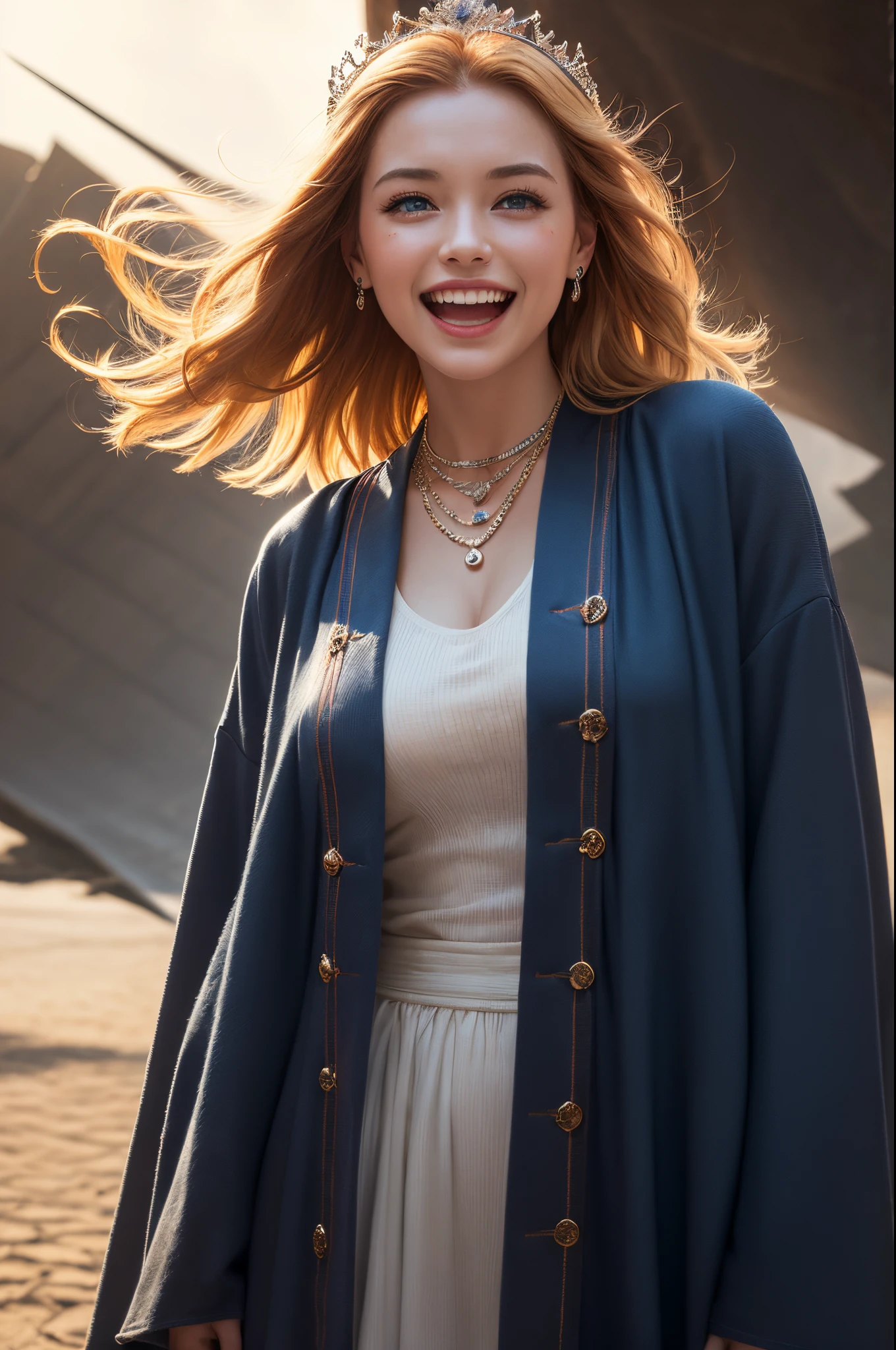 Young goddess, (Her clothes are all flipping up by extremely strong wind:1.5), (wearing robe, tiara, necklace, (blonde | auburn) hair, blue eyes), (background random great nature), (laughing, big smiling), { (dramatic lighting:1), (rembrandt lighting:1.2), surrealism, god rays }, ((masterpiece, 8K highest resolution)), wide view, { (seen from back:0), (reveal pelvis:0) }