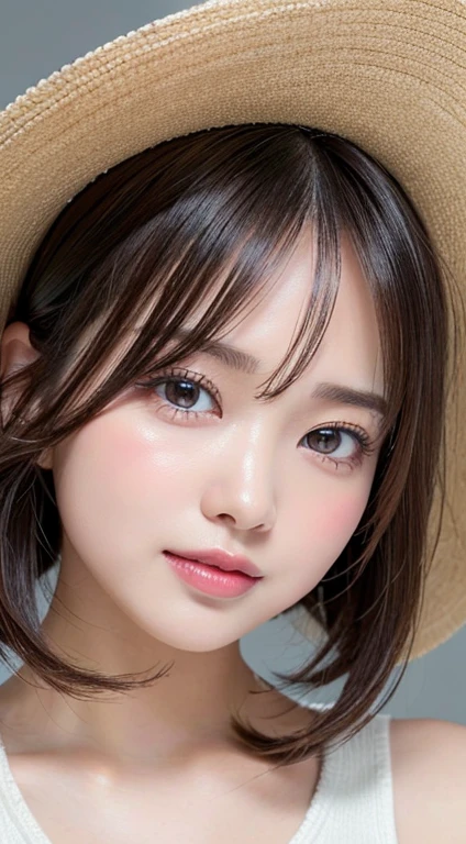 cowboy  shot,masutepiece, Best Quality, Ultra-detailed, finely detail, hight resolution, 8K Wallpaper, Perfect dynamic composition, Beautiful detailed eyes, pastel knit bikini,bob cuts,Natural Color Lip, Random and cute poses, Kissing face,Take a photo with your kissing face facing the viewer,Perfect and beautiful face,Cute,Anatomically correct condition,Cute,idolface,Perfect and beautiful face