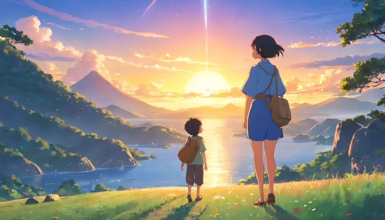 (An adventurous peasant boy, com and mblant and trist and) Big breasts, big breasts (Uma Jovan Camponesa), Usandosa Patos, emu, style of anime, end of book, the sunset,Day gradually turns into night, stars start to rise , round image